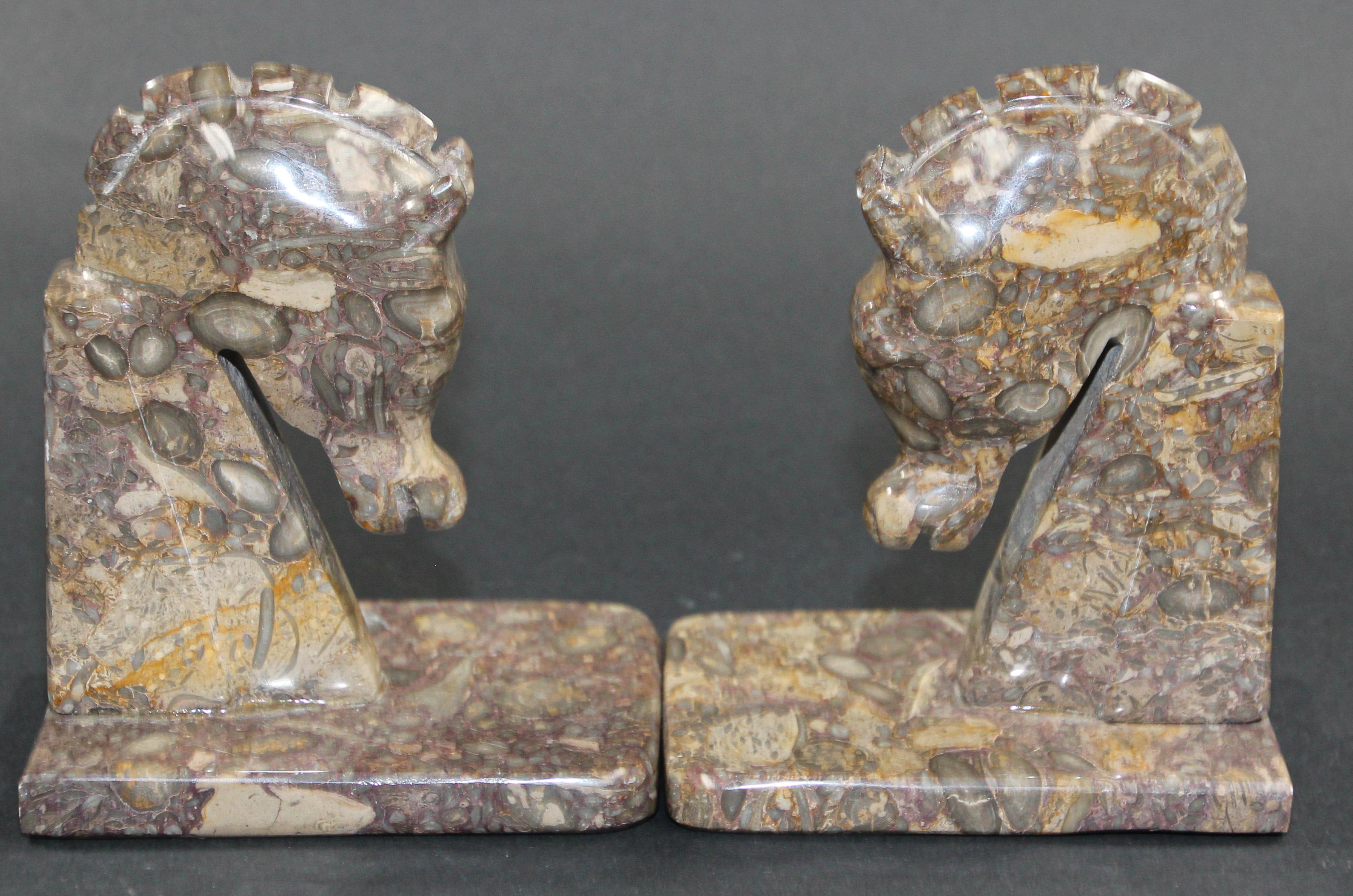 Hand-Carved Art Deco Brown Onyx Horses Heads Bookends For Sale