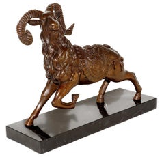 Art Deco Brown Patinated Bronze Ram Sculpture on Marble Base
