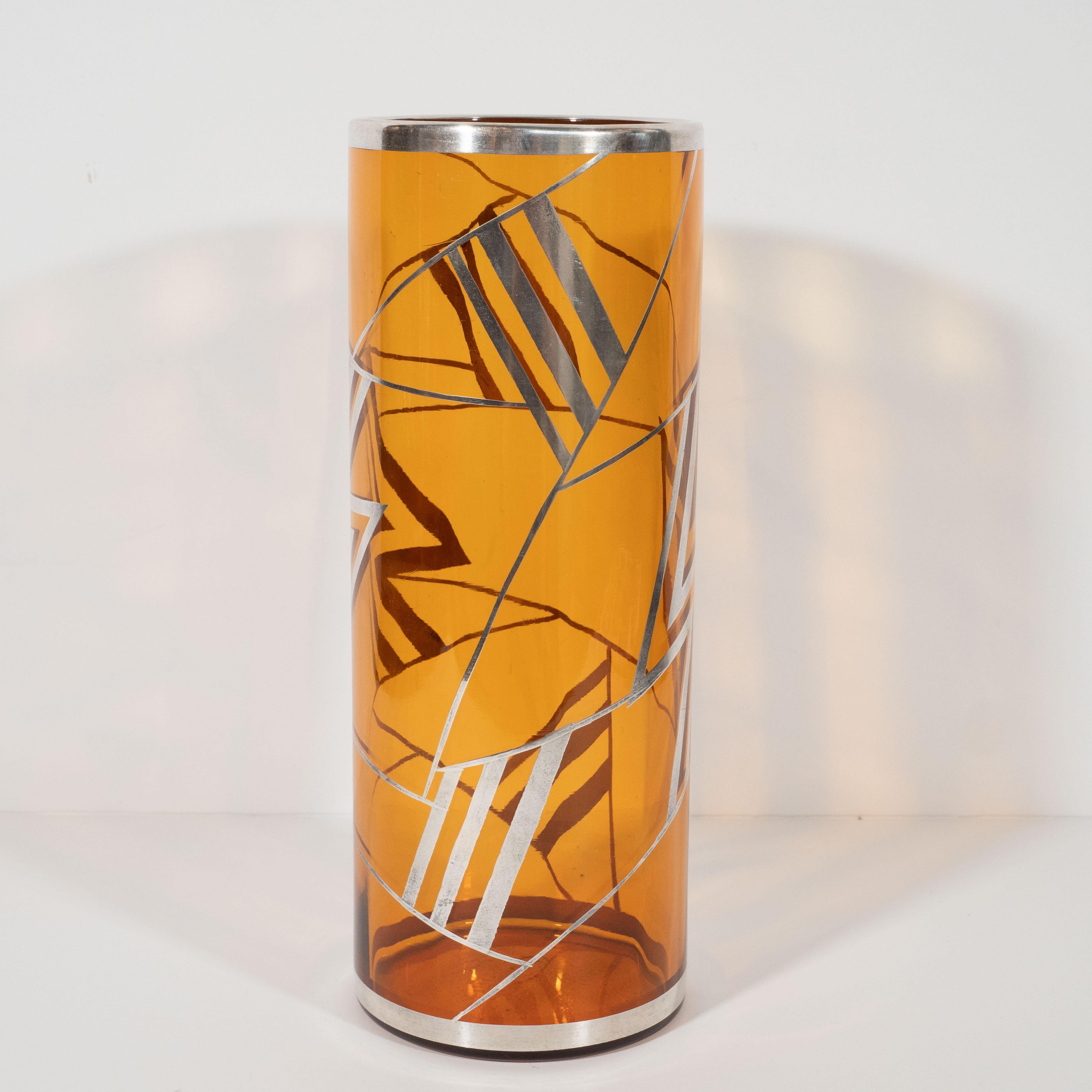 French Art Deco Brown Topaz Glass Vase with Geometric Cubist Sterling Silver Overlays