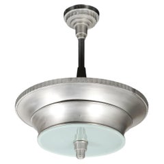 Art Deco Brushed Aluminum & Frosted Glass Chandelier with Fluted Detailing