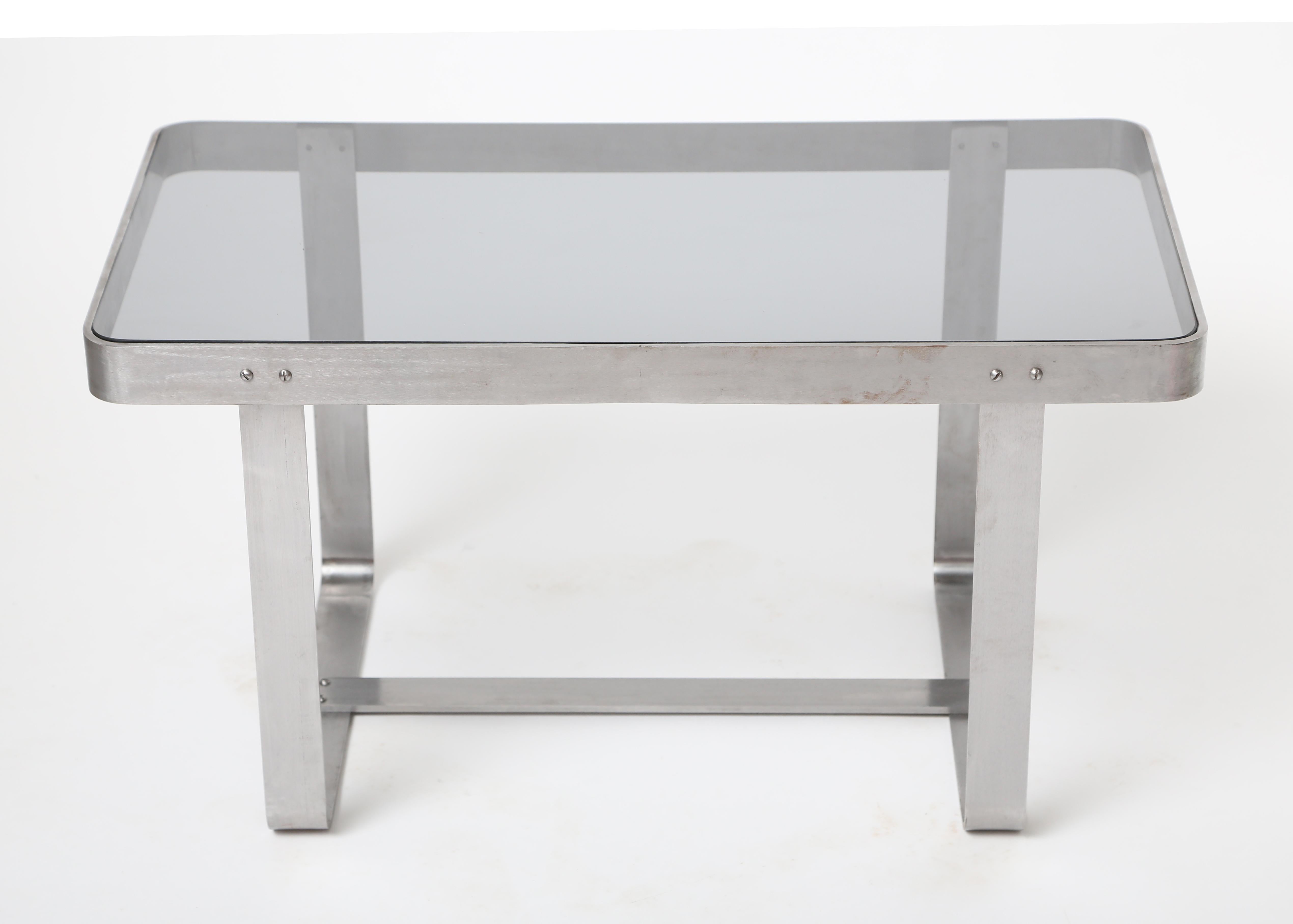 American Art Deco Brushed Nickel and Smoked Glass Table For Sale