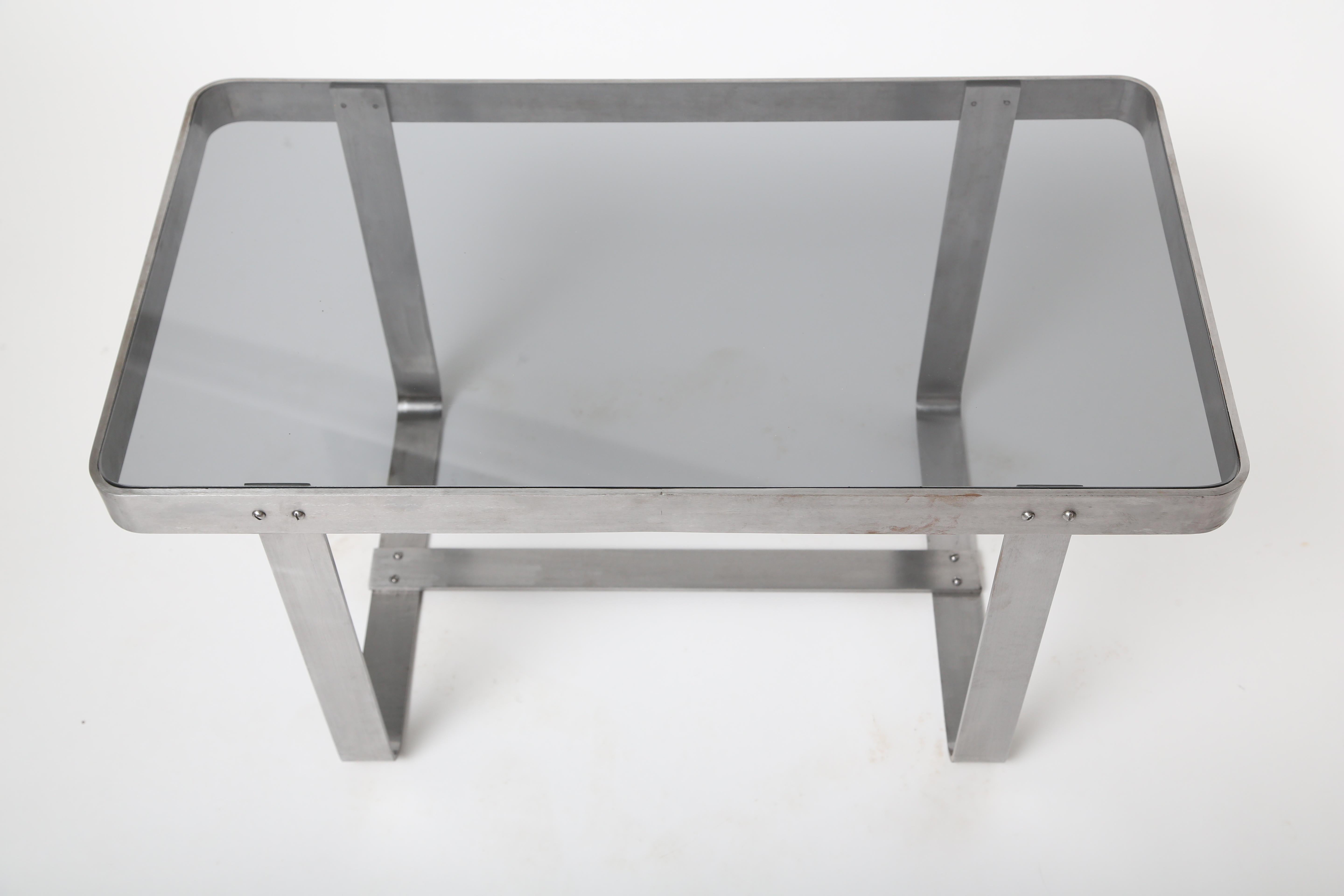 Art Deco Brushed Nickel and Smoked Glass Table In Good Condition For Sale In West Palm Beach, FL