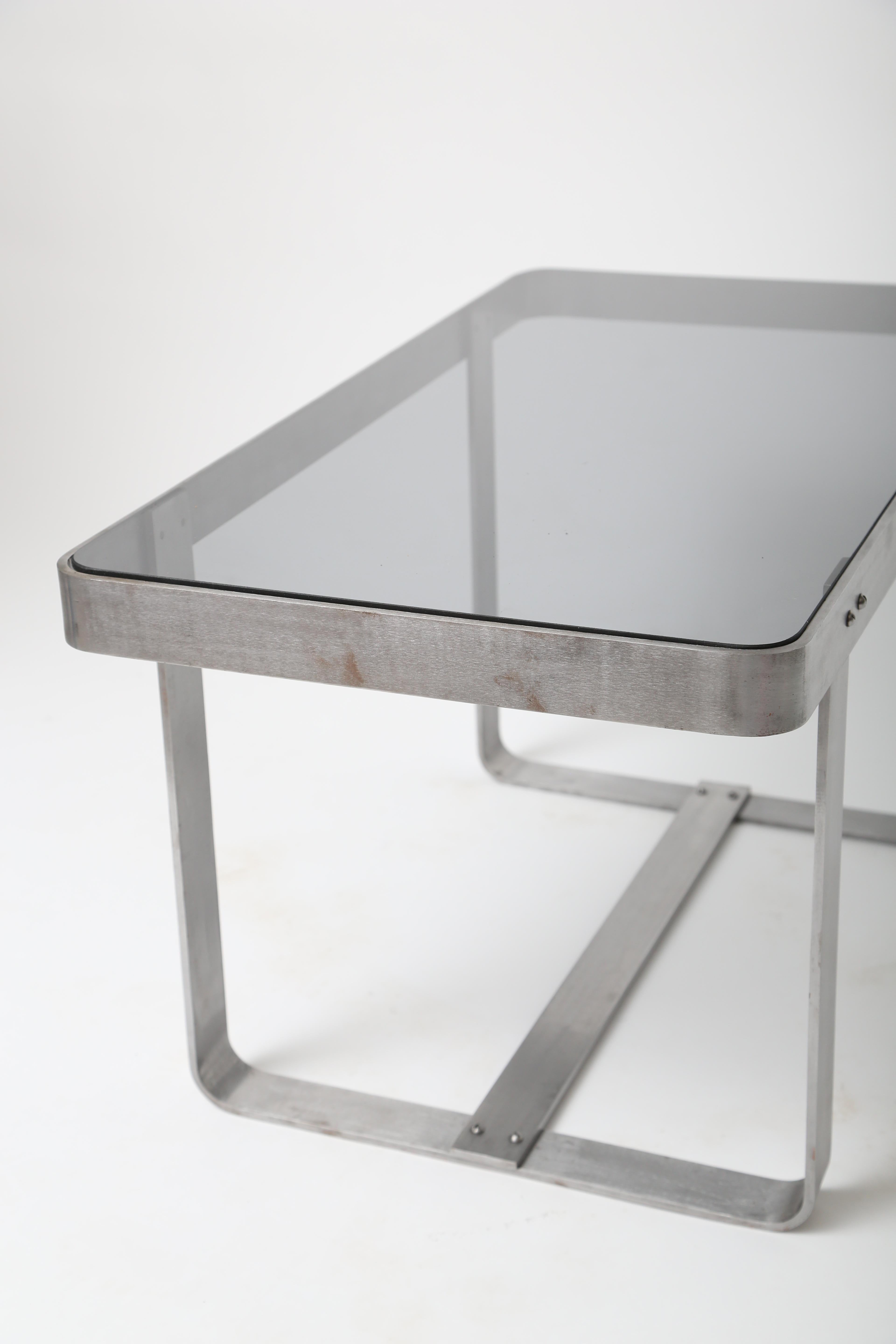 Metal Art Deco Brushed Nickel and Smoked Glass Table For Sale