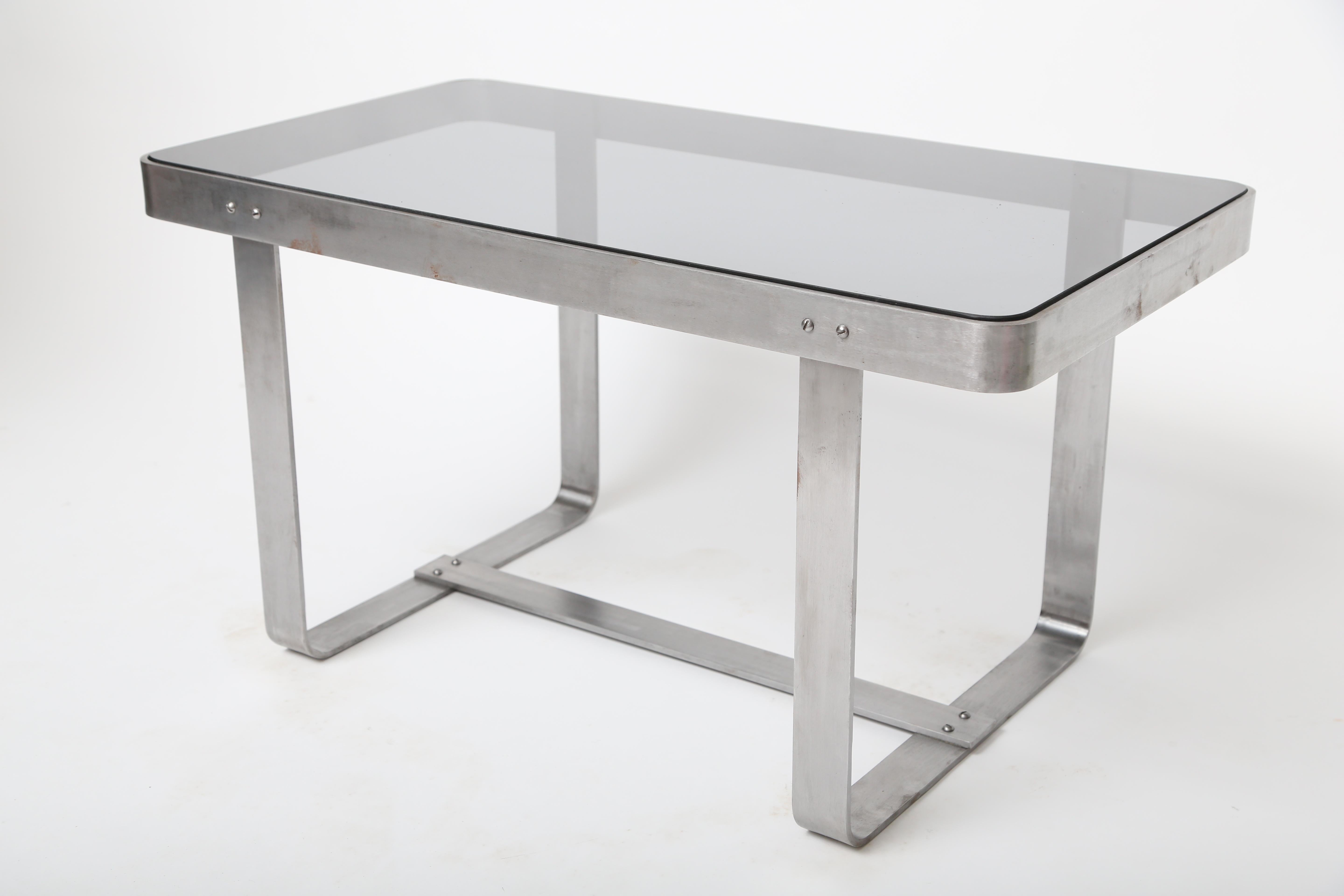 Mid-20th Century Art Deco Brushed Nickel and Smoked Glass Table For Sale