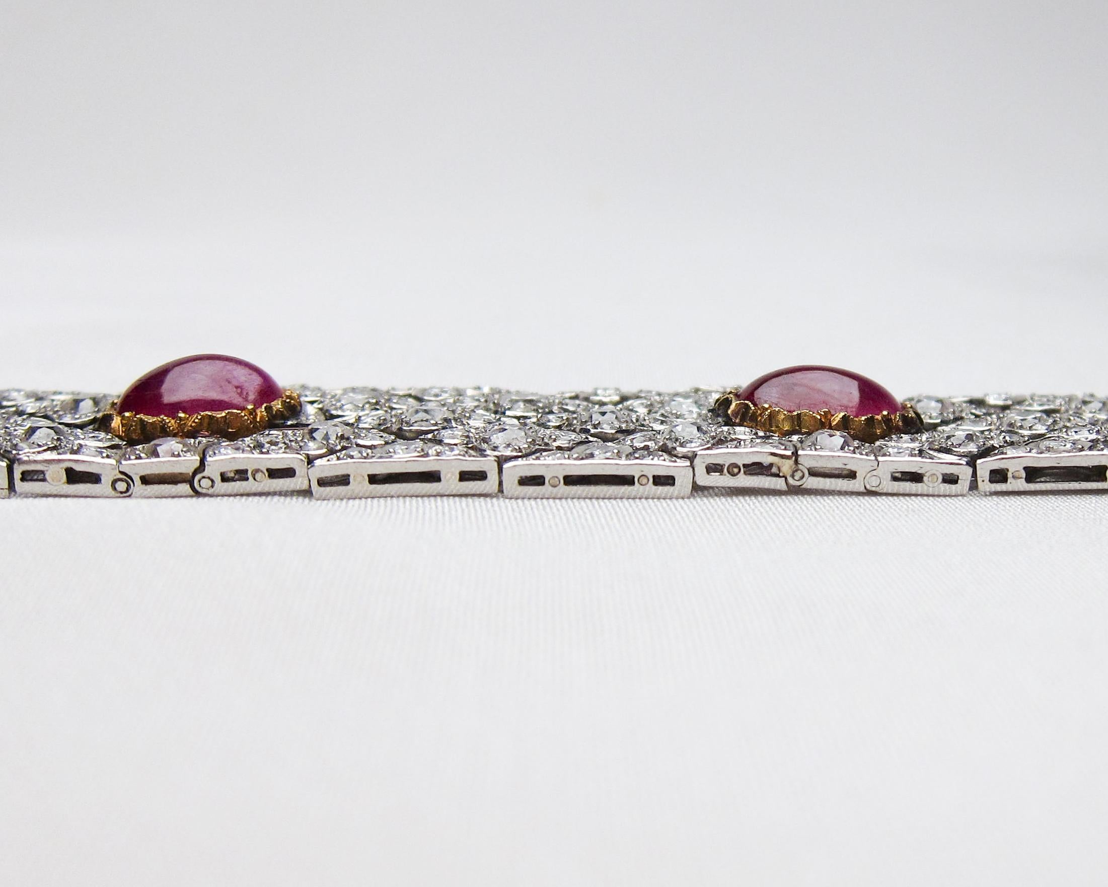 Rose Cut Art Deco Buccellati Diamond and Ruby Fancy Link Platinum Bracelet For Sale