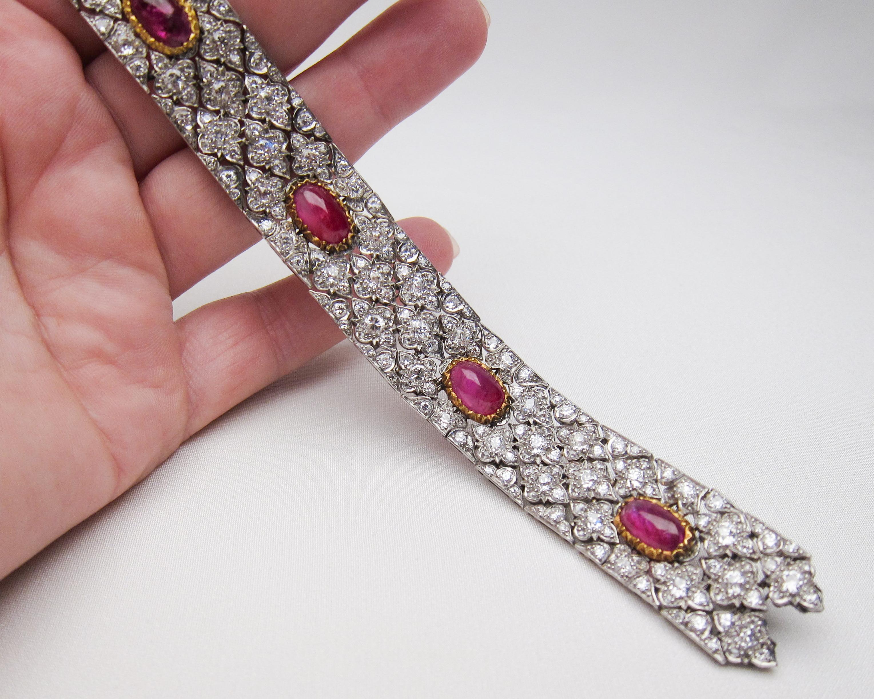 Women's Art Deco Buccellati Diamond and Ruby Fancy Link Platinum Bracelet For Sale