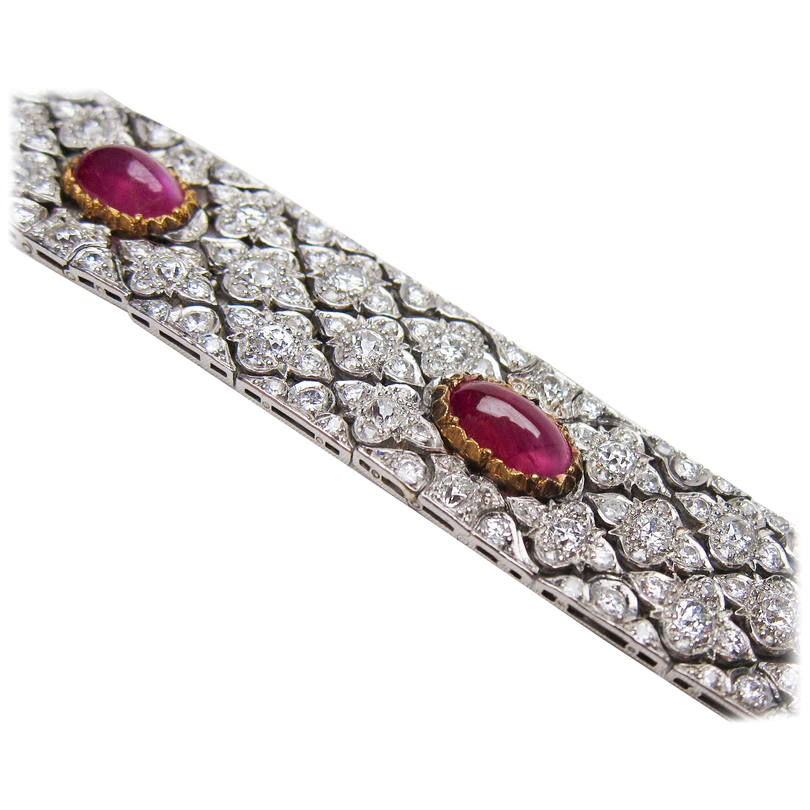 Art Deco Buccellati Diamond and Ruby Fancy Link Platinum Bracelet For Sale