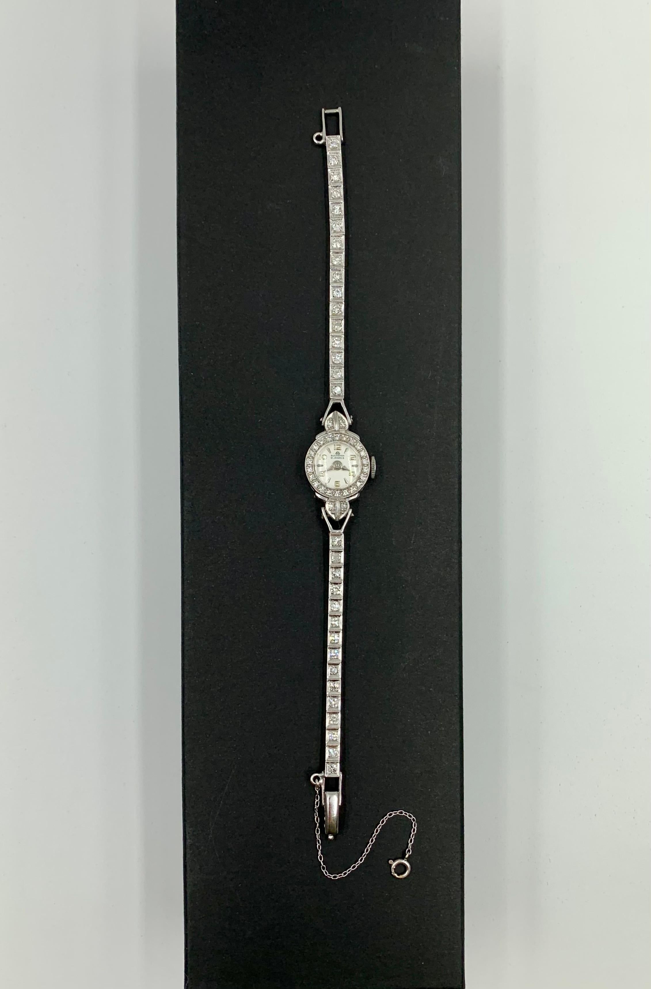 Art Deco Bucherer Diamond Platinum 14k White Gold Bracelet Watch In Good Condition For Sale In New York, NY