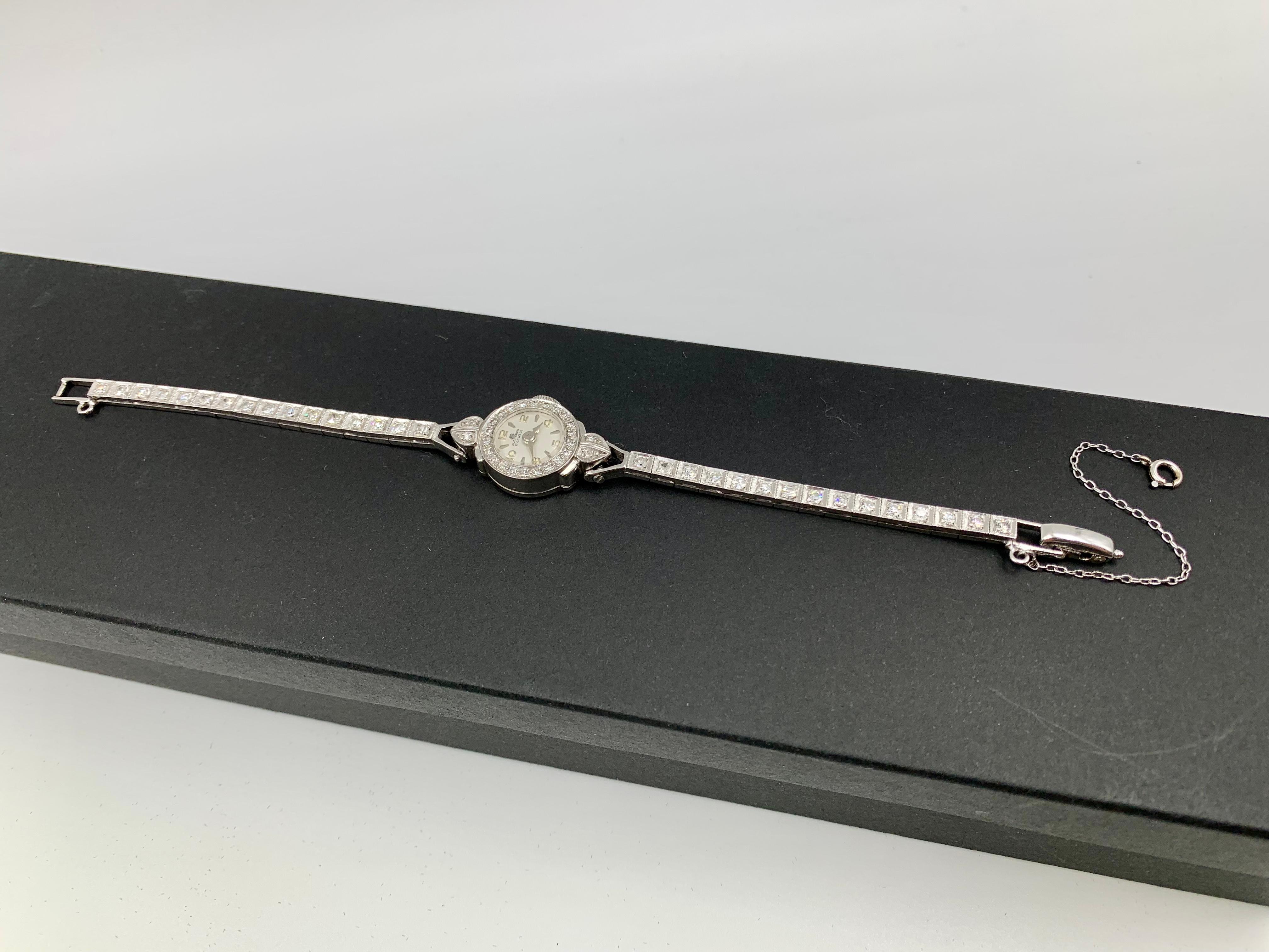 Women's Art Deco Bucherer Diamond Platinum 14k White Gold Bracelet Watch For Sale