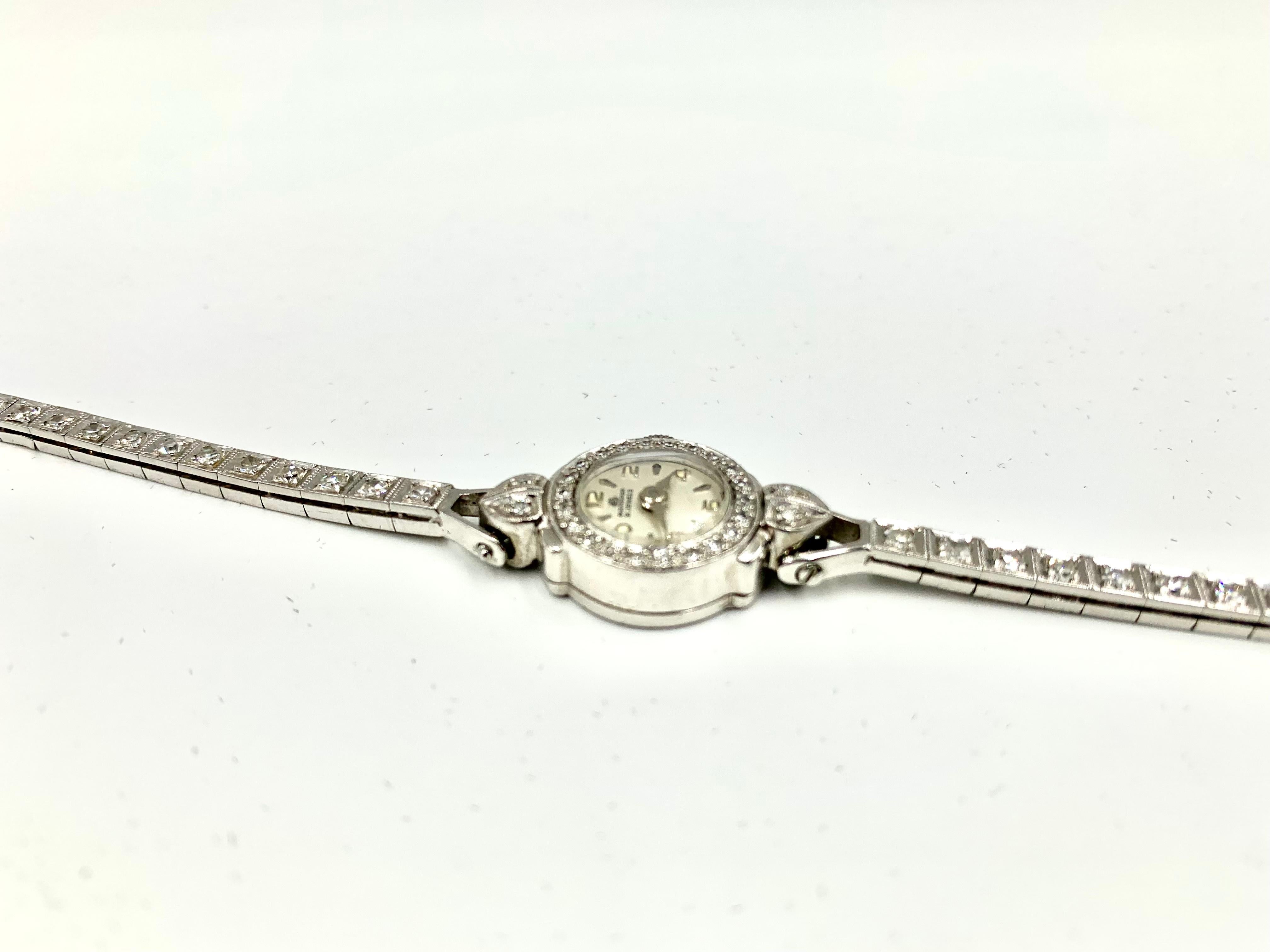 Art Deco Bucherer Diamond Platinum 14k White Gold Bracelet Watch For Sale 2
