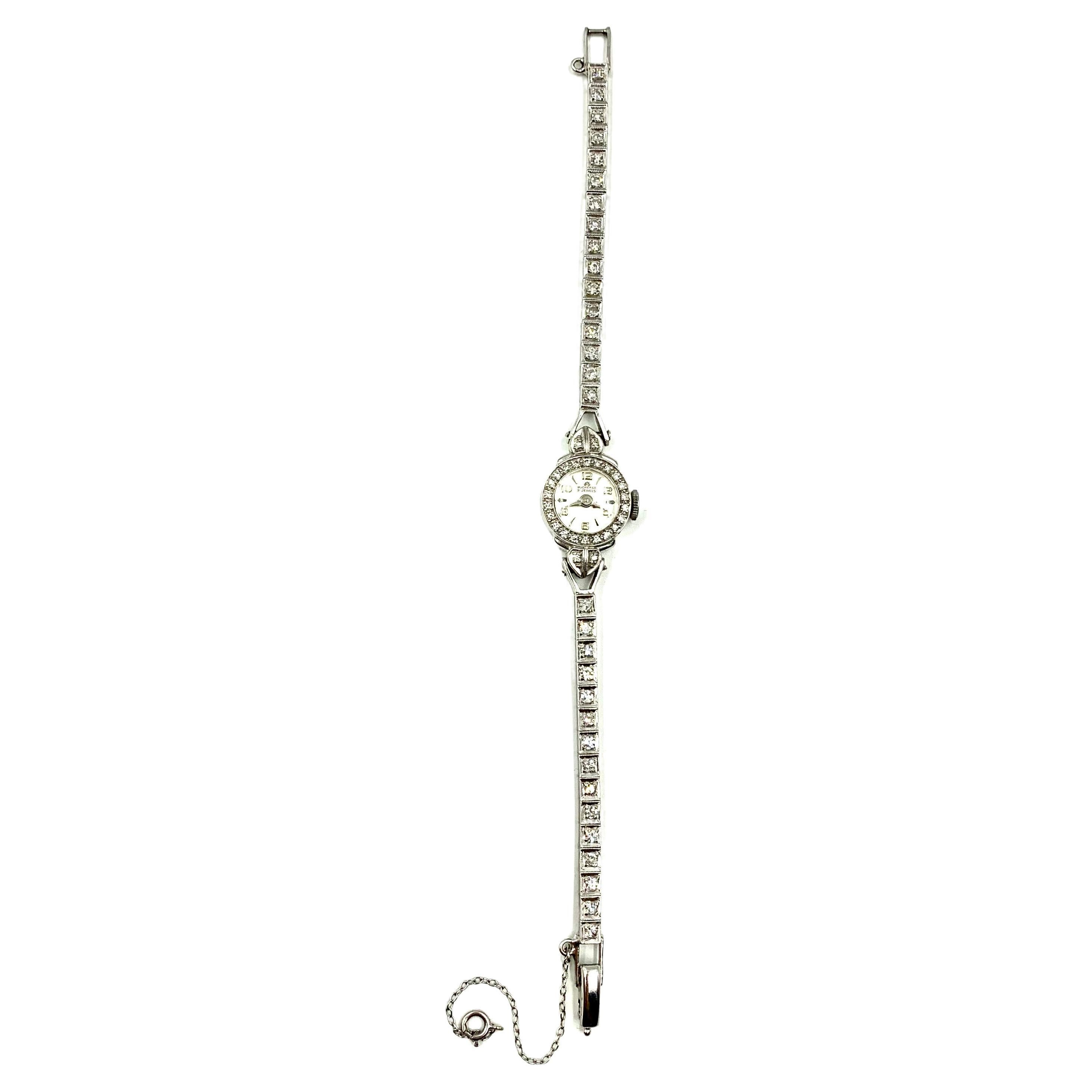 Art Deco Bucherer Diamond Platinum 14k White Gold Bracelet Watch For Sale