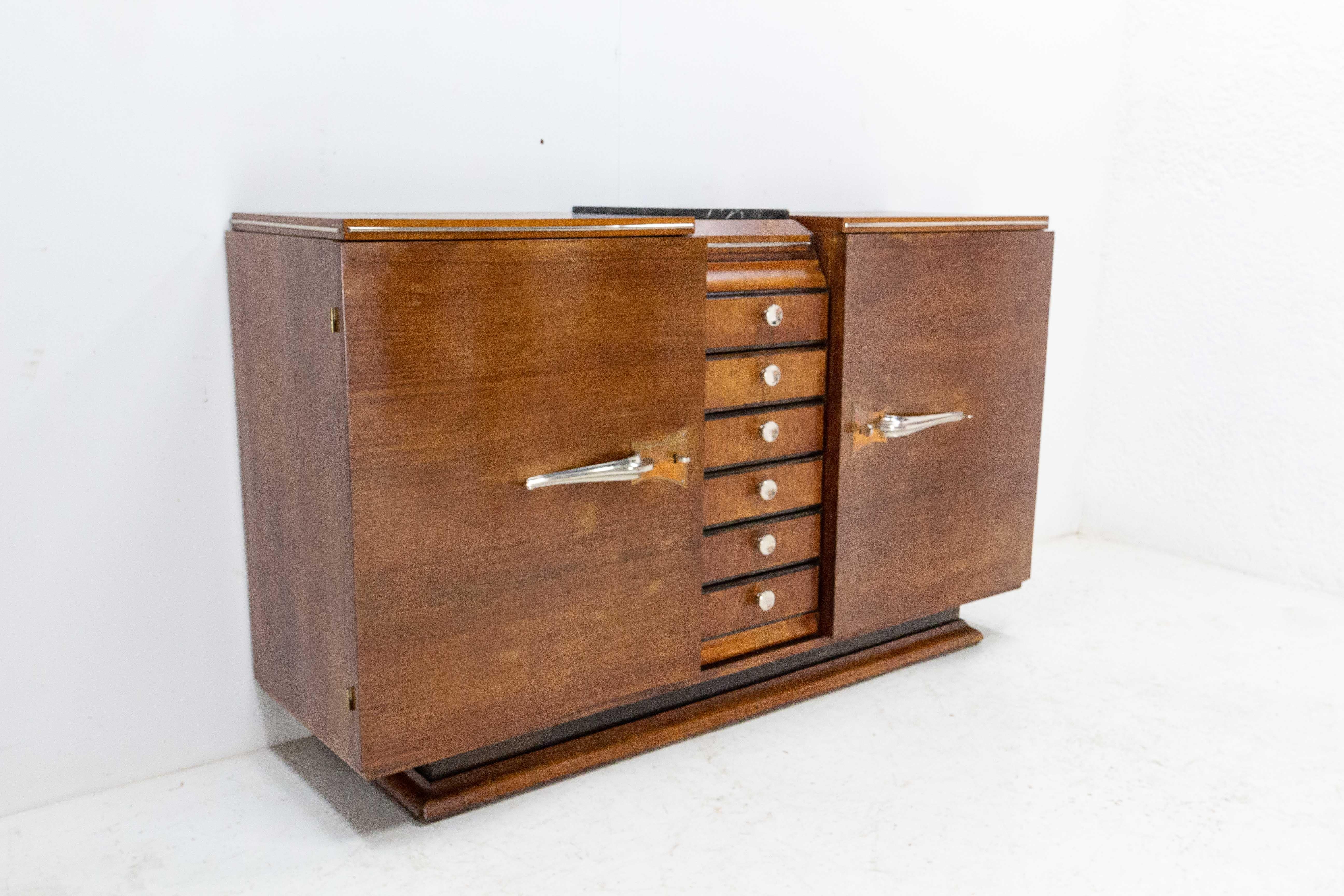 French Art Deco Buffet Credenza Cabinet Walnut Black Marble, France, circa 1930 For Sale