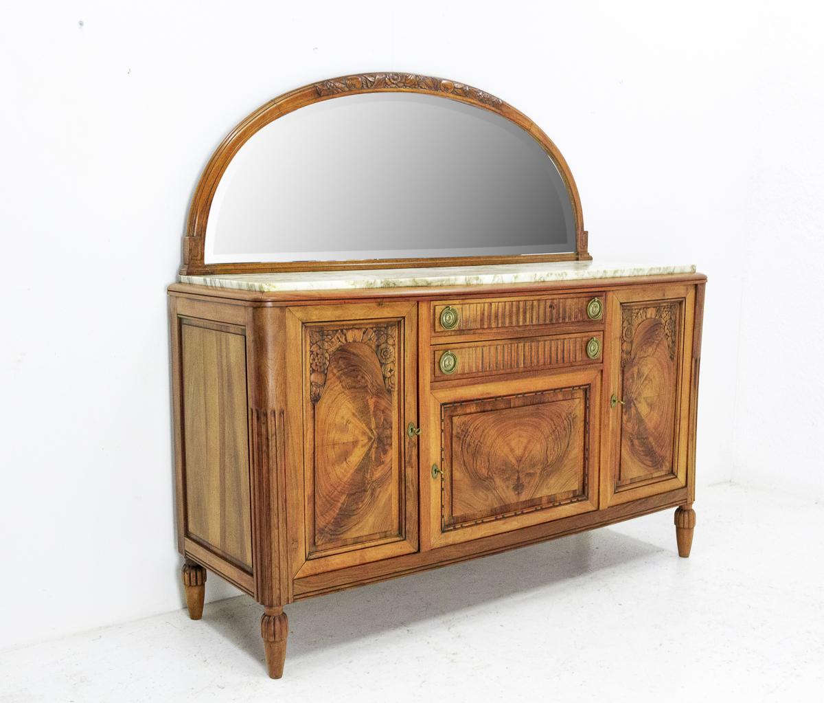 French Art Deco Buffet Credenza Cabinet Walnut Marble Top Semicircle Mirror, circa 1930 For Sale