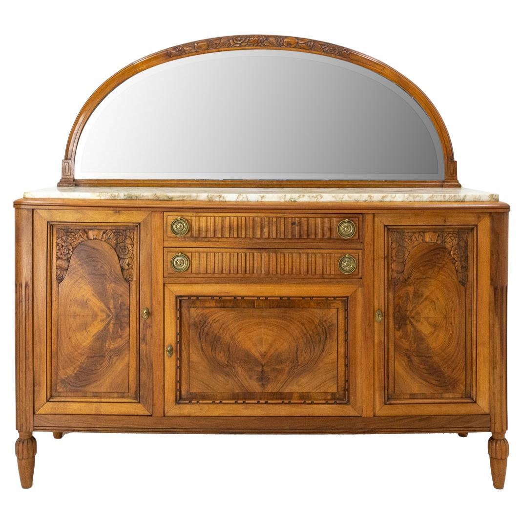 Art Deco Buffet Credenza Cabinet Walnut Marble Top Semicircle Mirror, circa 1930 For Sale