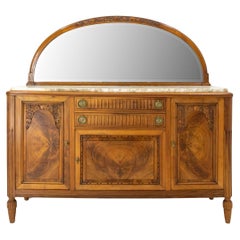 Art Deco Buffet Credenza Cabinet Walnut Marble Top Semicircle Mirror, circa 1930