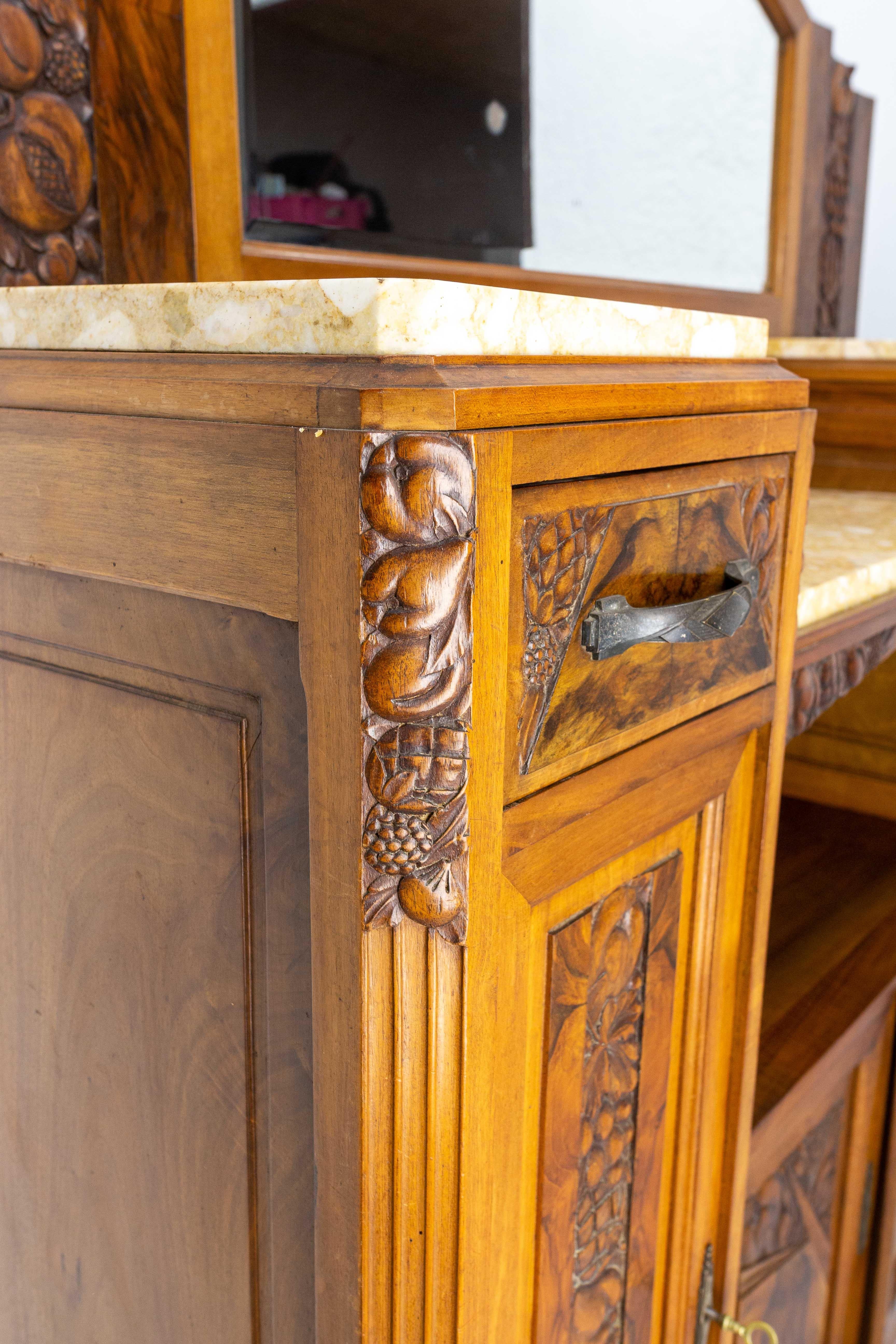 Art Deco Buffet Credenza Cabinet Walnut Marble with Mirror, France, circa 1930 For Sale 8