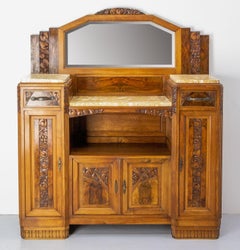 Art Deco Buffet Credenza Cabinet Walnut Marble with Mirror, France, circa 1930