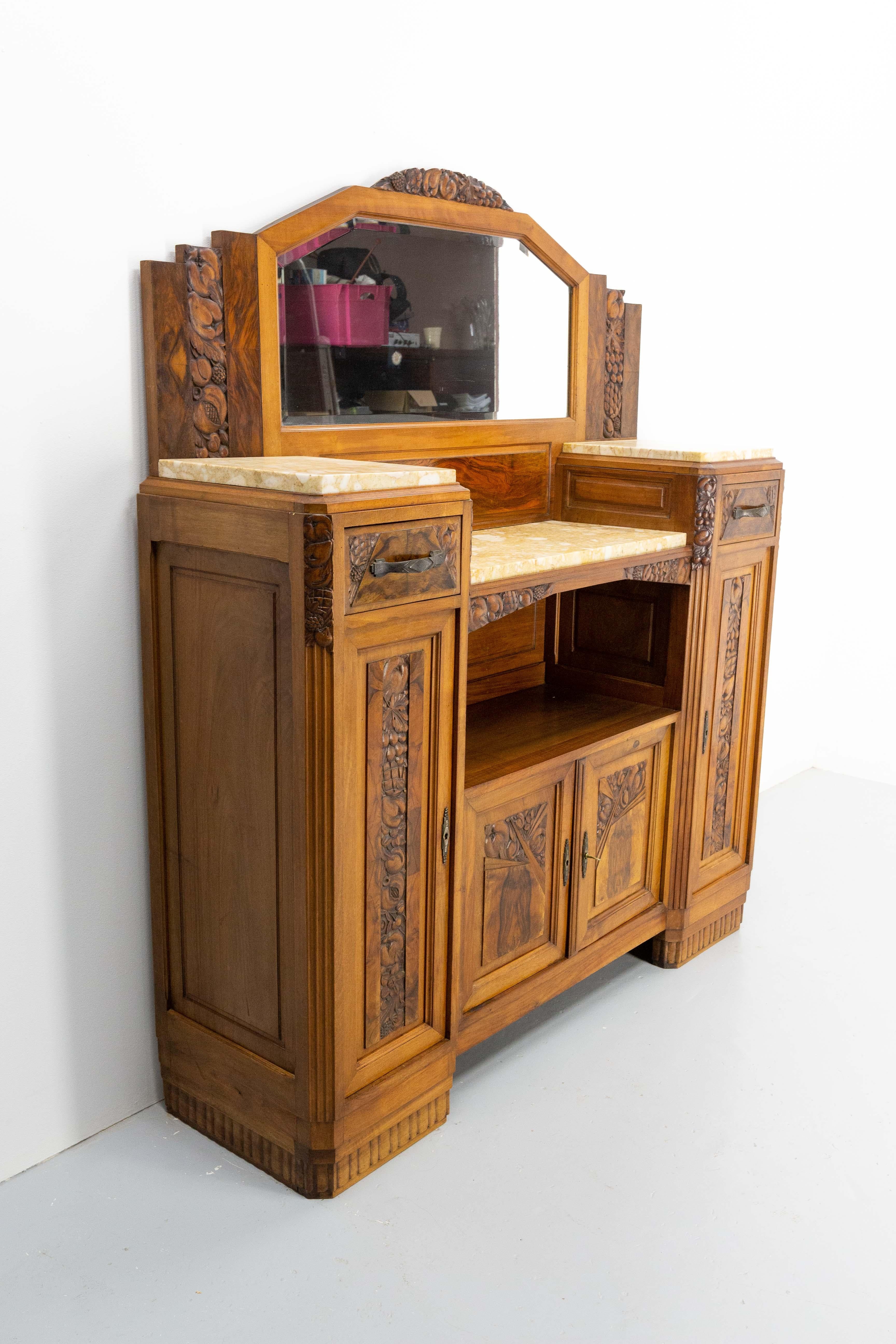 French Art Deco Buffet Credenza Cabinet Walnut Marble with Mirror, France, circa 1930 For Sale