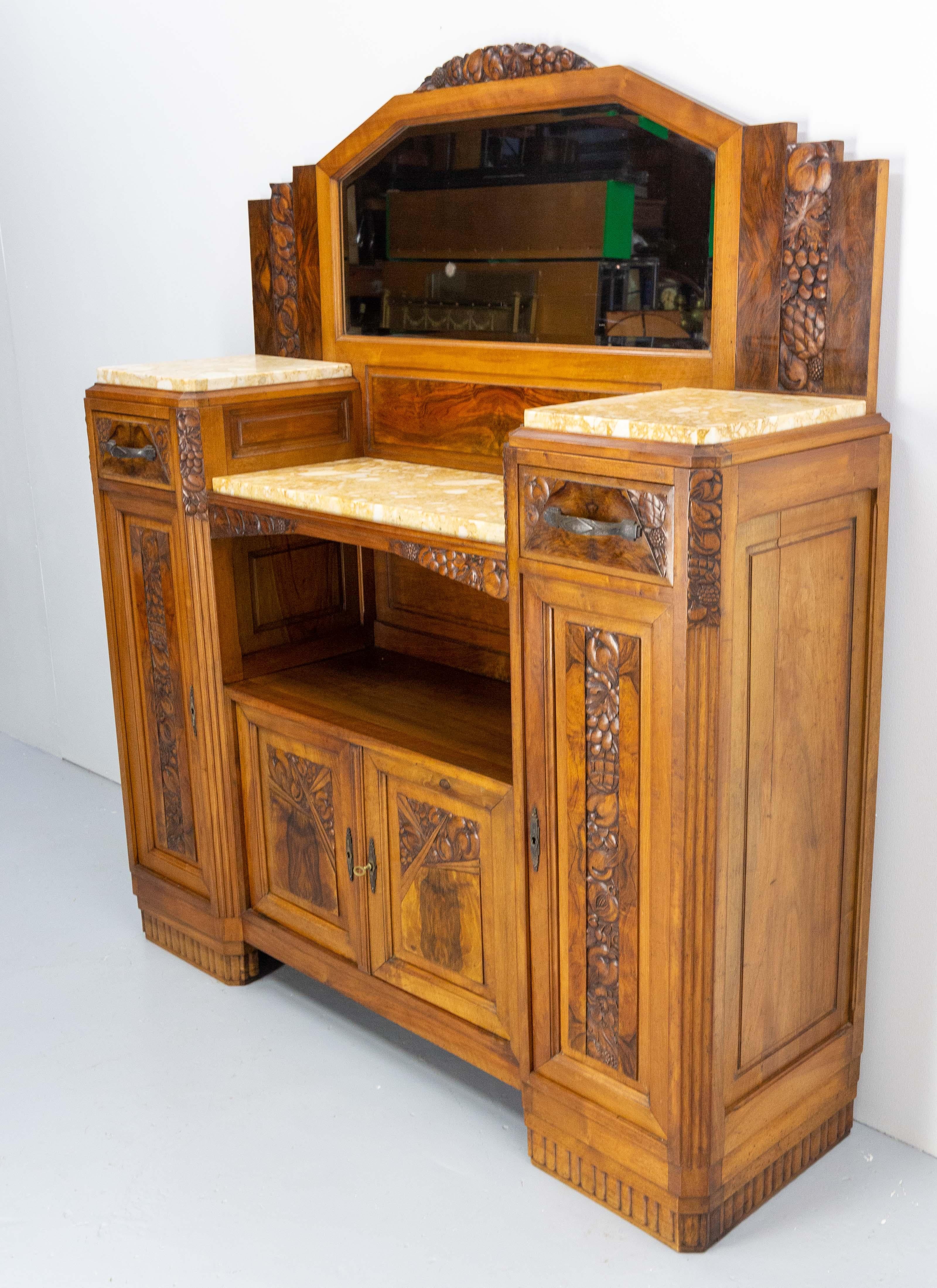 Mid-20th Century Art Deco Buffet Credenza Cabinet Walnut Marble with Mirror, France, circa 1930 For Sale