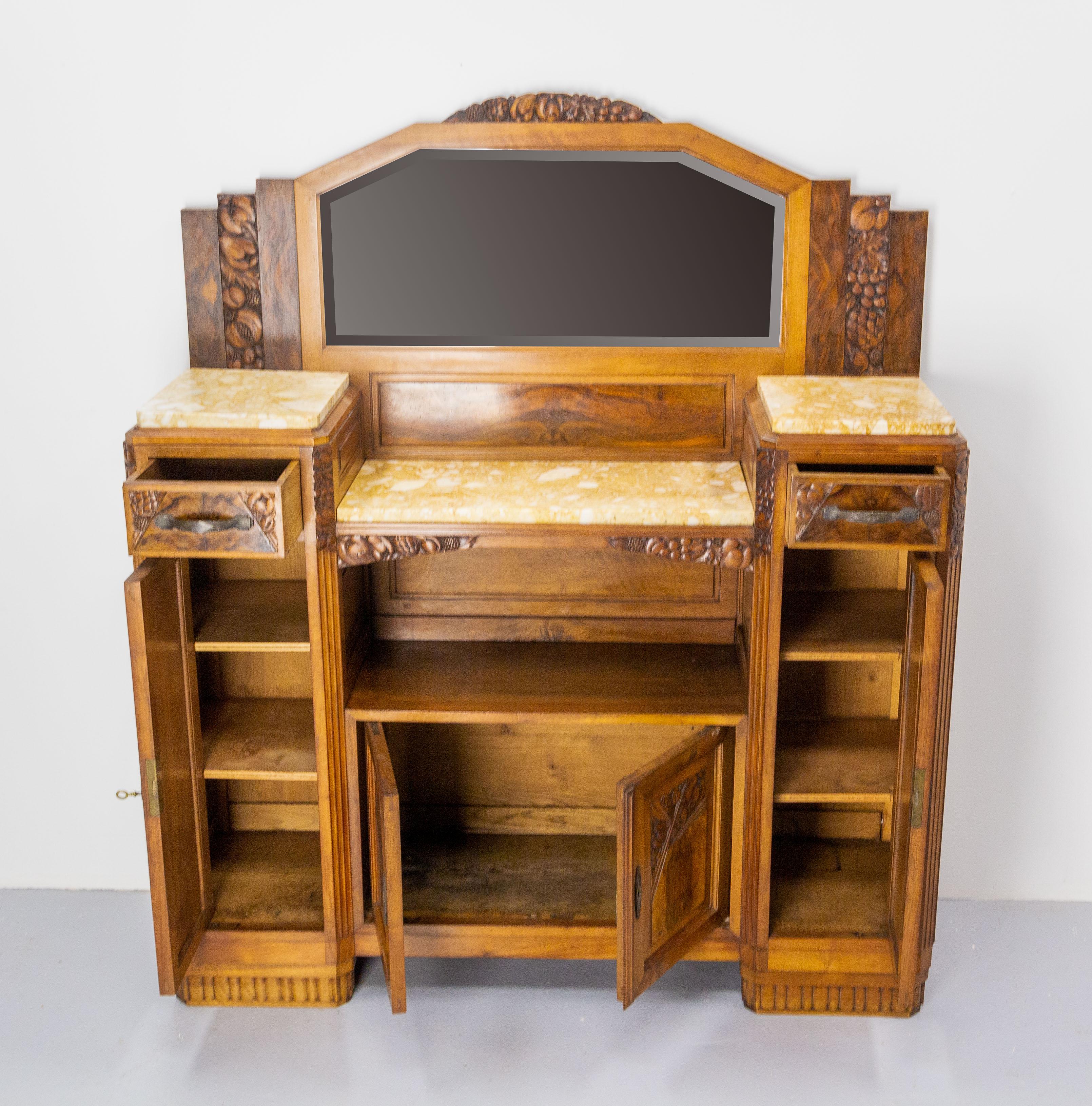Art Deco Buffet Credenza Cabinet Walnut Marble with Mirror, France, circa 1930 For Sale 1