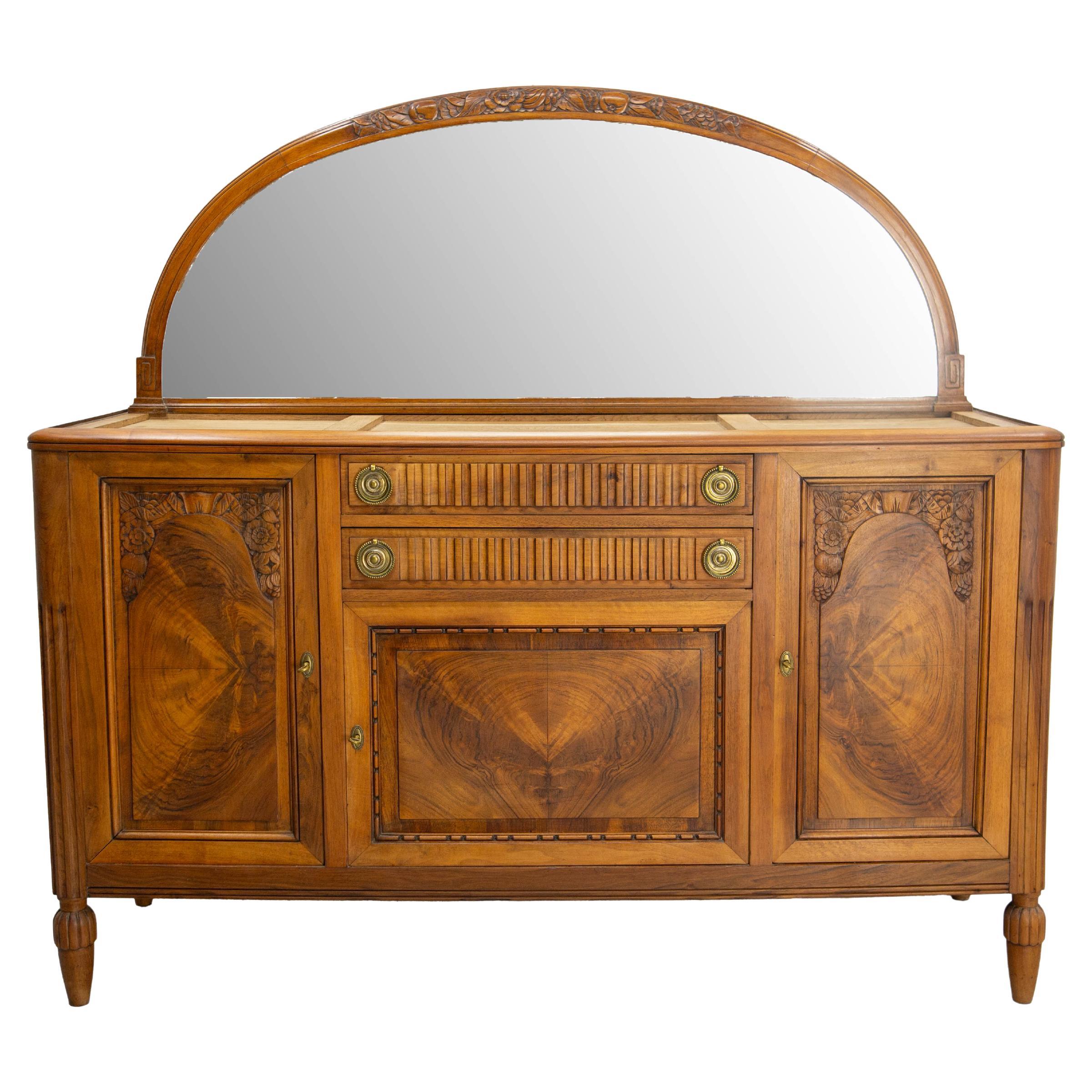 Armario Art Decó Buffet Credenza Nogal  Espejo semicircular, hacia 1930