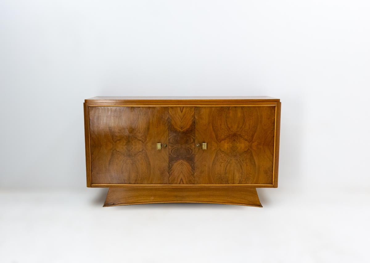 Mid-20th Century Art Deco Buffet Credenza Two Doors Cabinet, Walnut and Brass, France, circa 1930 For Sale