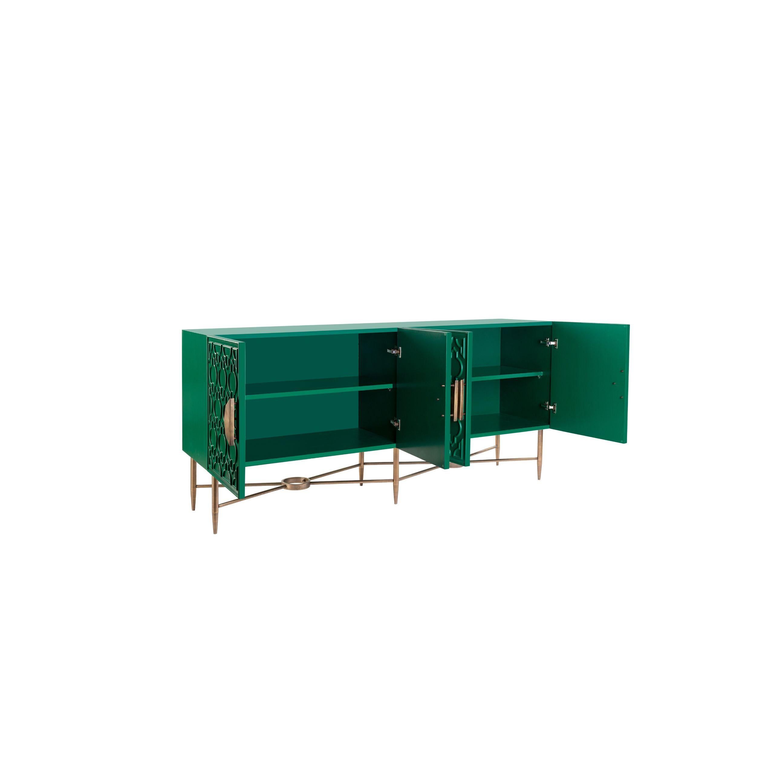 This Art Deco buffet is a celebration of cultural heritage and contemporary elegance. Drawing inspiration from traditional Islamic motifs, the geometric pattern is reimagined in a rich royal green, offering a bold and artistic contrast that breathes