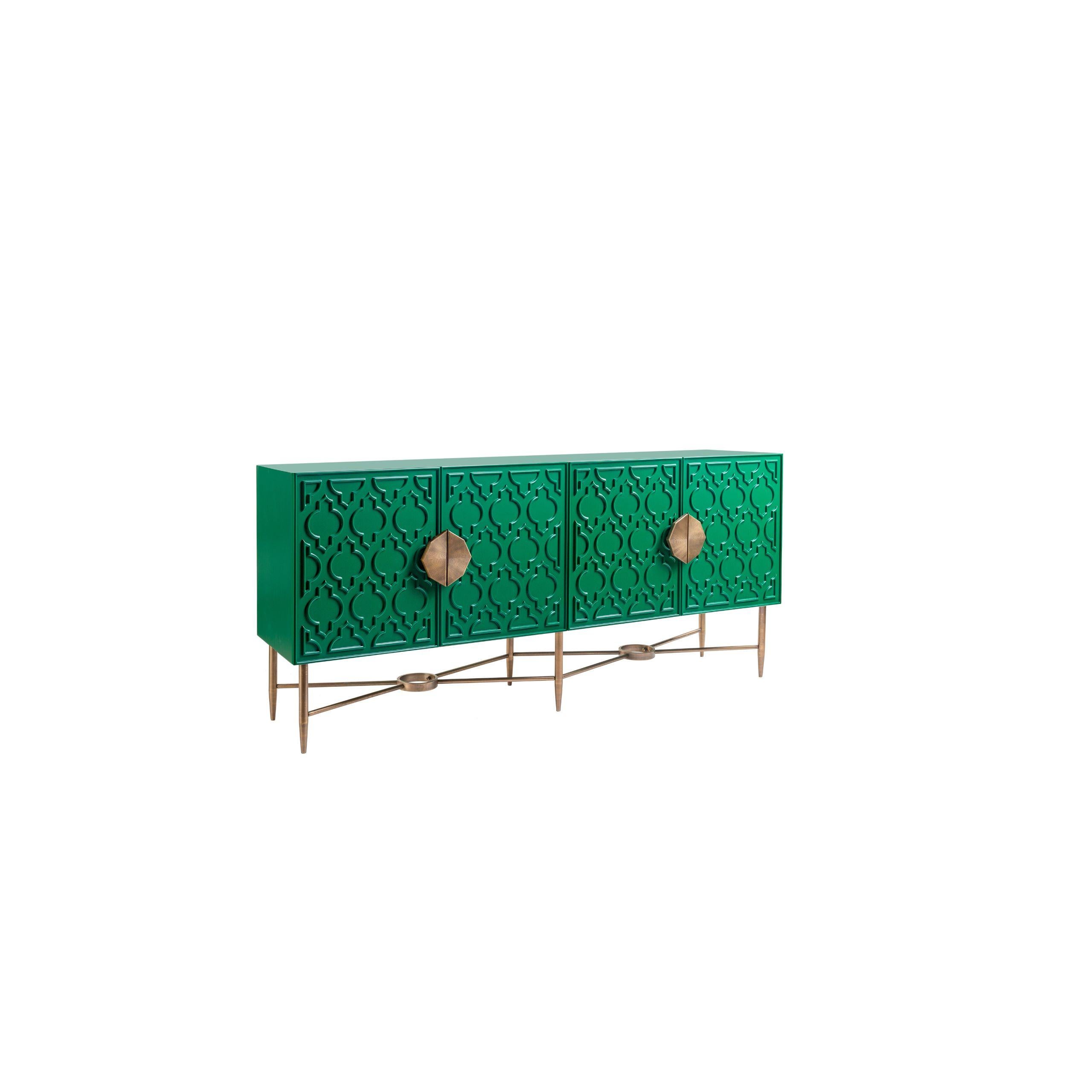 Modern Art Deco Buffet with Islamic Motif, Copper Accents & Green Finish For Sale