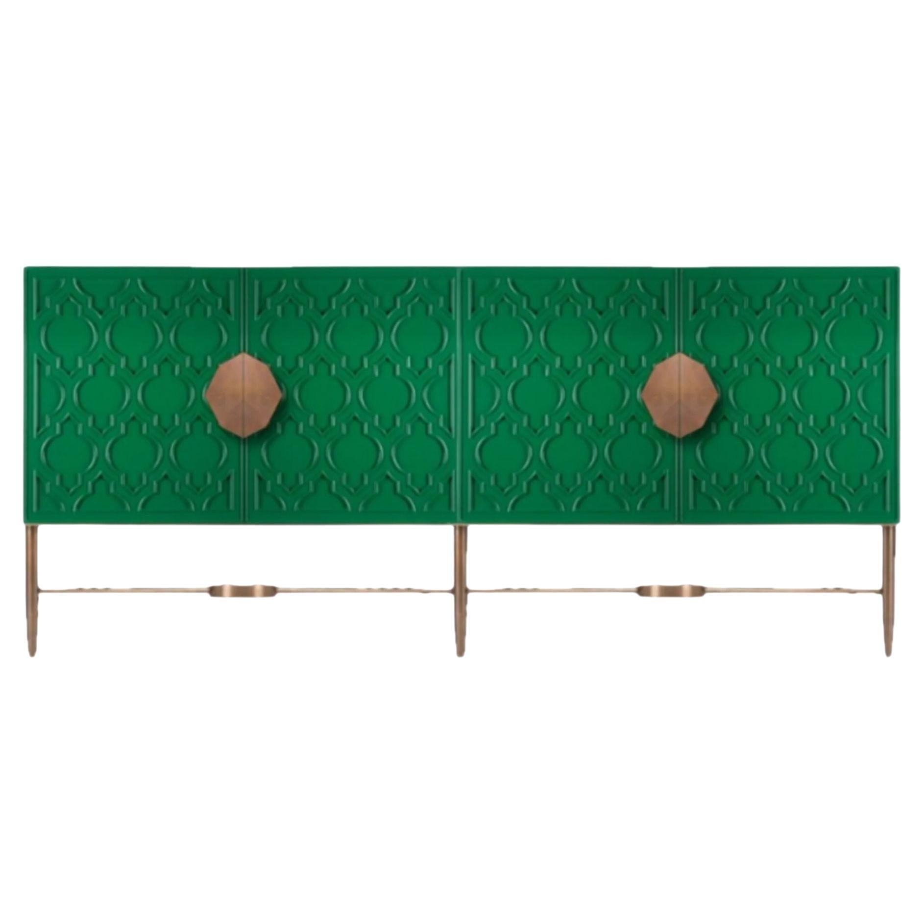Art Deco Buffet with Islamic Motif, Copper Accents & Green Finish For Sale