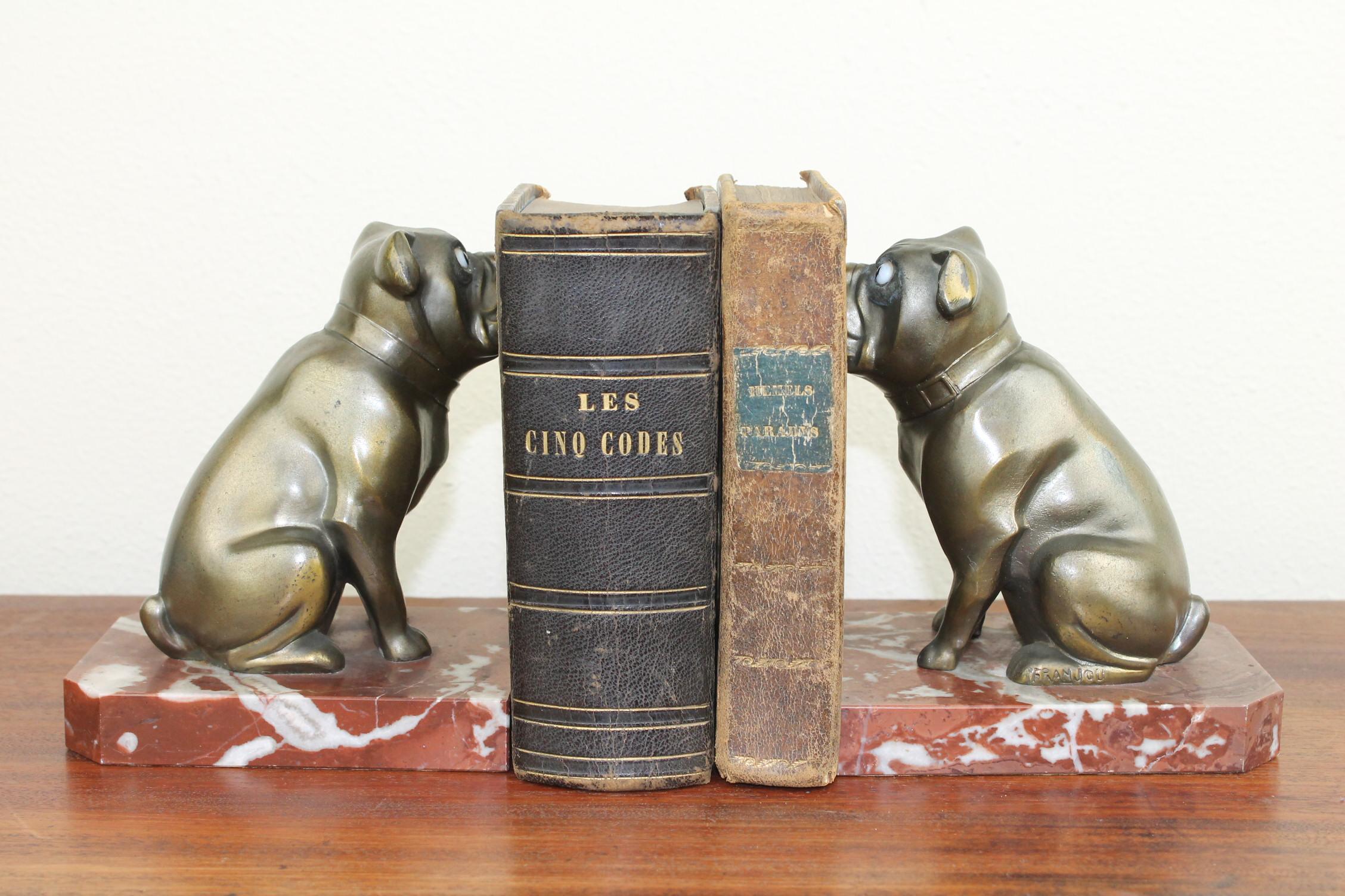 Large size Art Deco figural bookends with French bulldogs by Franjou, France.
Both bookends are signed and for the age still in very good condition.
The bulldog figurines - dog statues have big expressive eyes.
They are made of patinated metal,