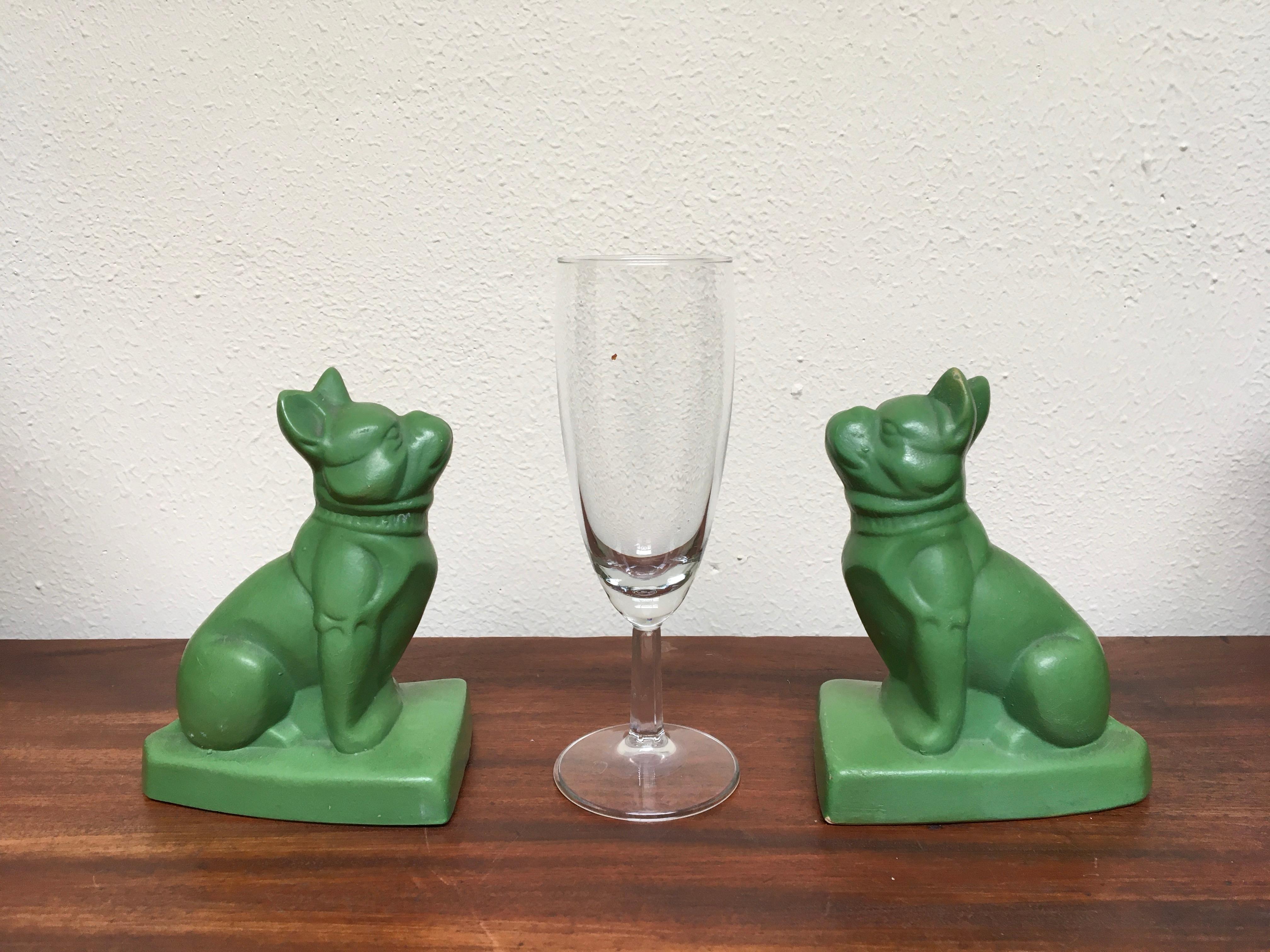 Art Deco Bulldog Bookends, Green Pottery 7