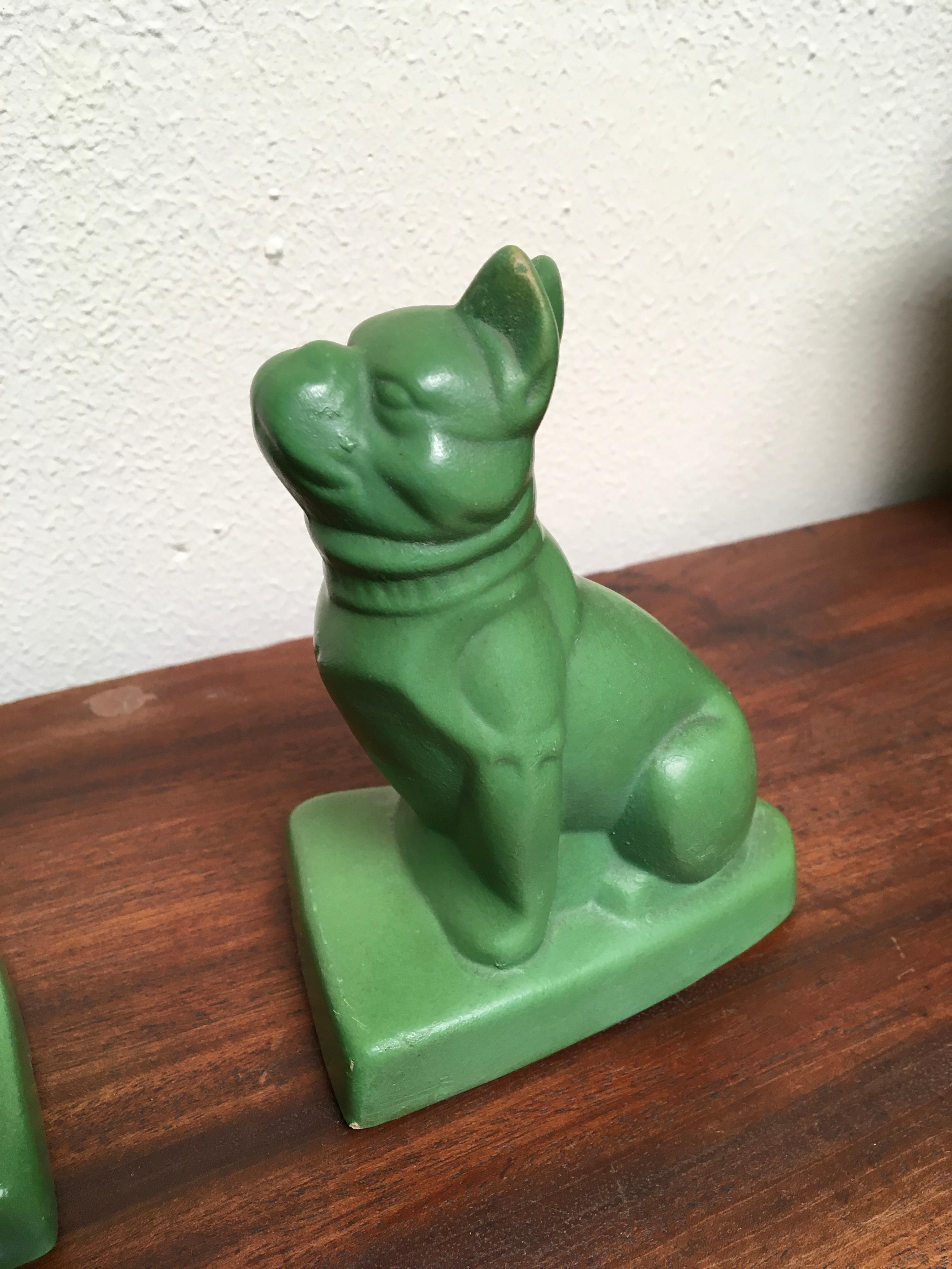 European Art Deco Bulldog Bookends, Green Pottery