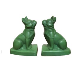 Vintage Art Deco Bulldog Bookends, Green Pottery