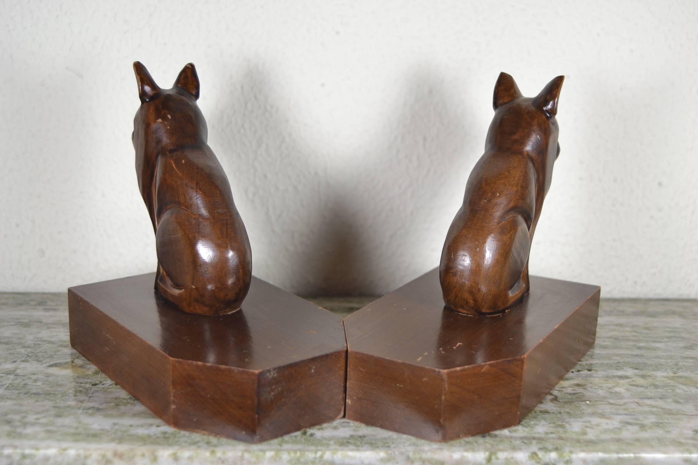 Hand-Carved Art Deco Bulldog Bookends, Wood, Europe
