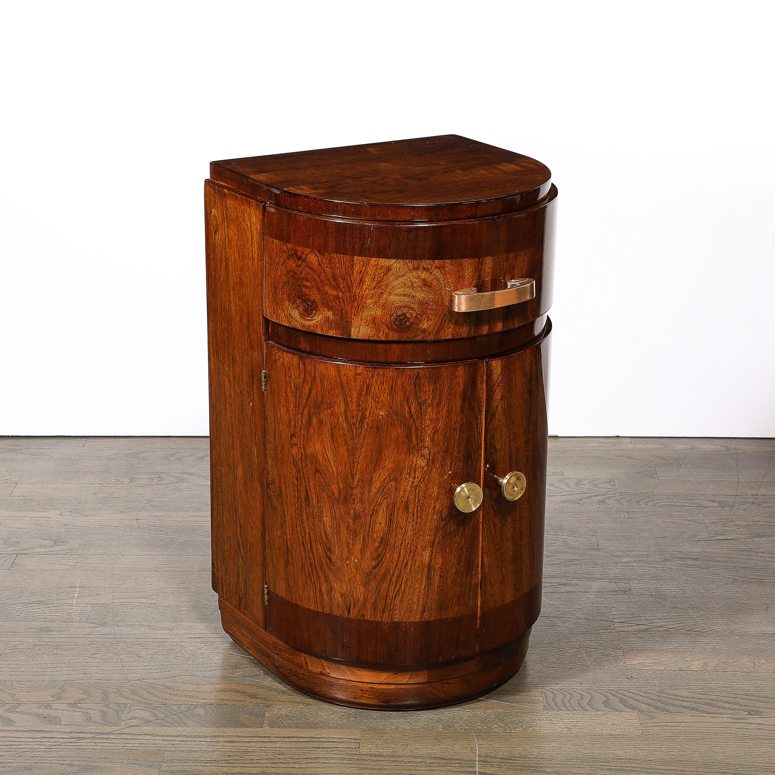 Art Deco Bullet Form End Table  in Book-Matched & Burled Walnut w/ Brass Pulls 6