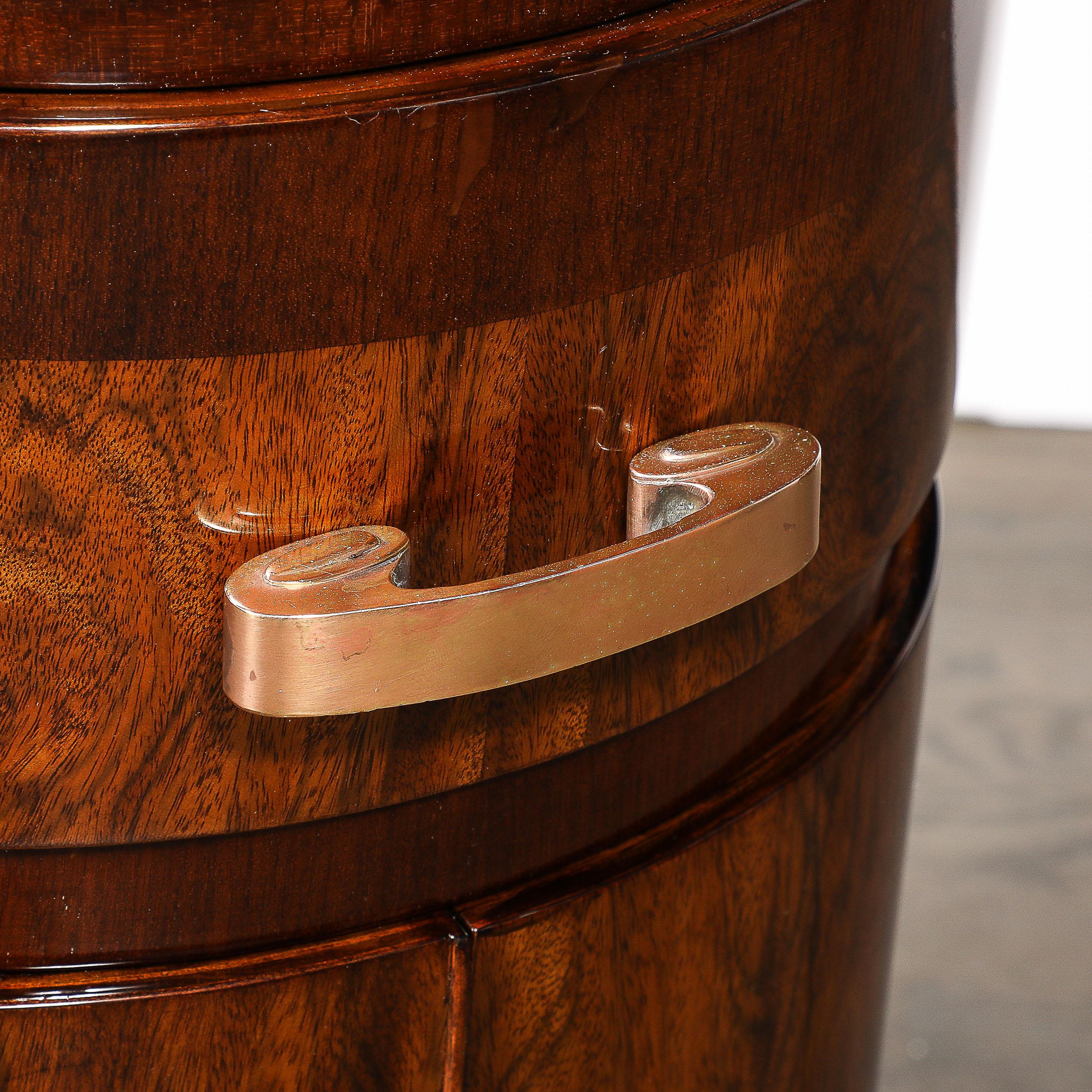 Art Deco Bullet Form End Table  in Book-Matched & Burled Walnut w/ Brass Pulls 7
