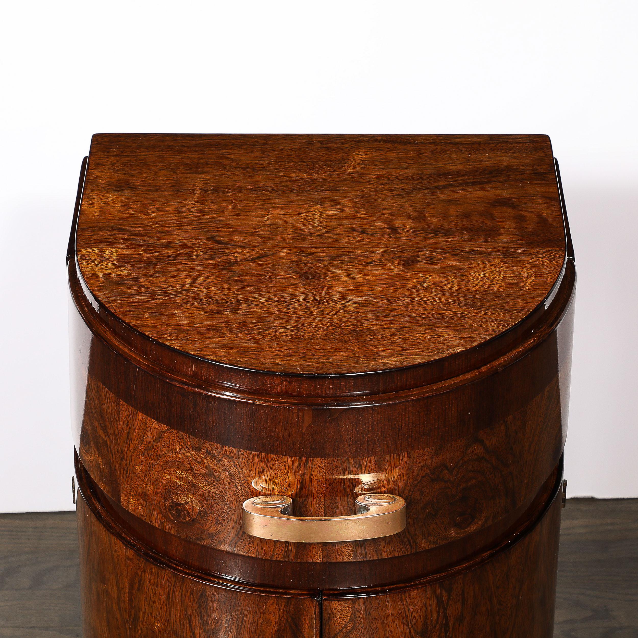 Art Deco Bullet Form End Table  in Book-Matched & Burled Walnut w/ Brass Pulls 8