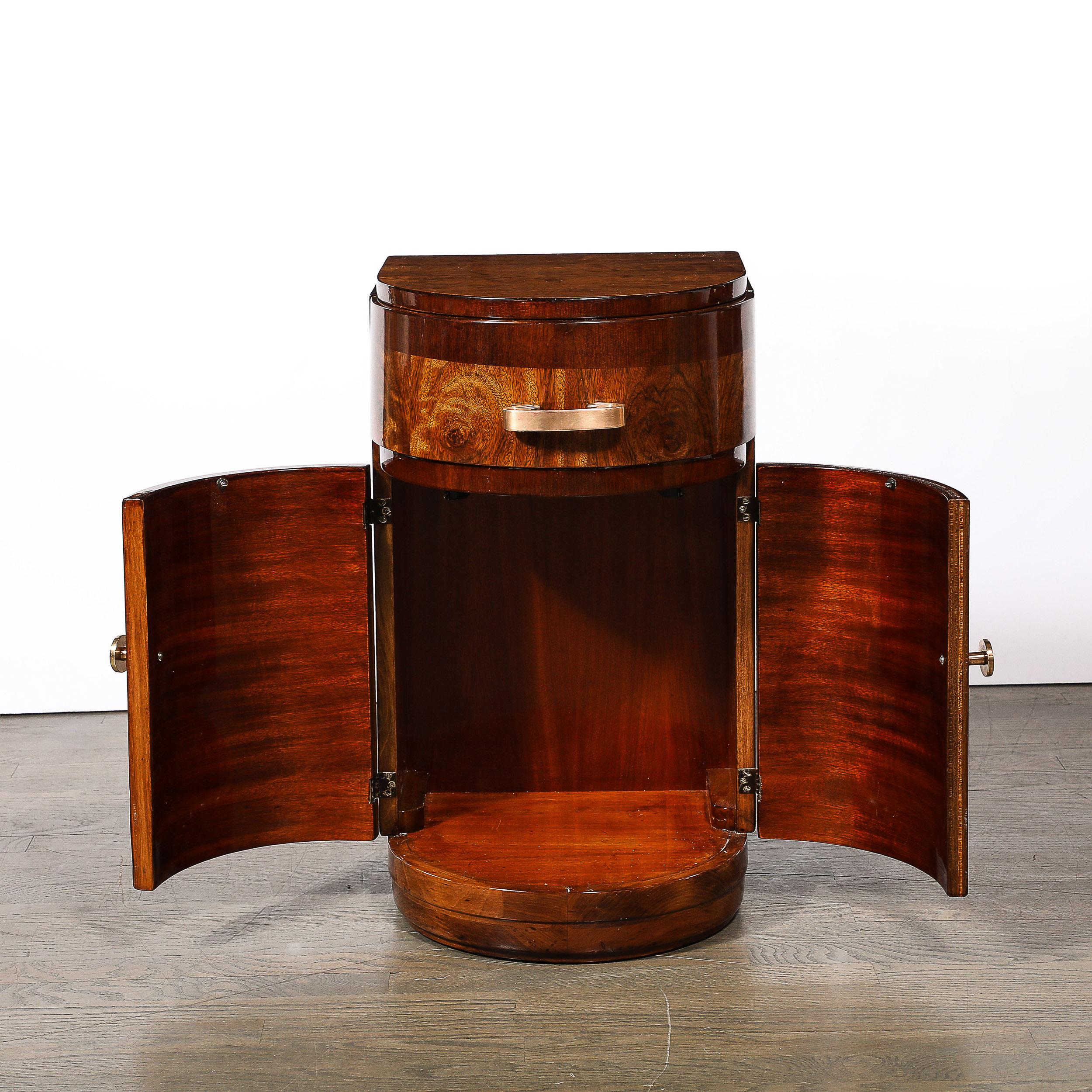 American Art Deco Bullet Form End Table  in Book-Matched & Burled Walnut w/ Brass Pulls