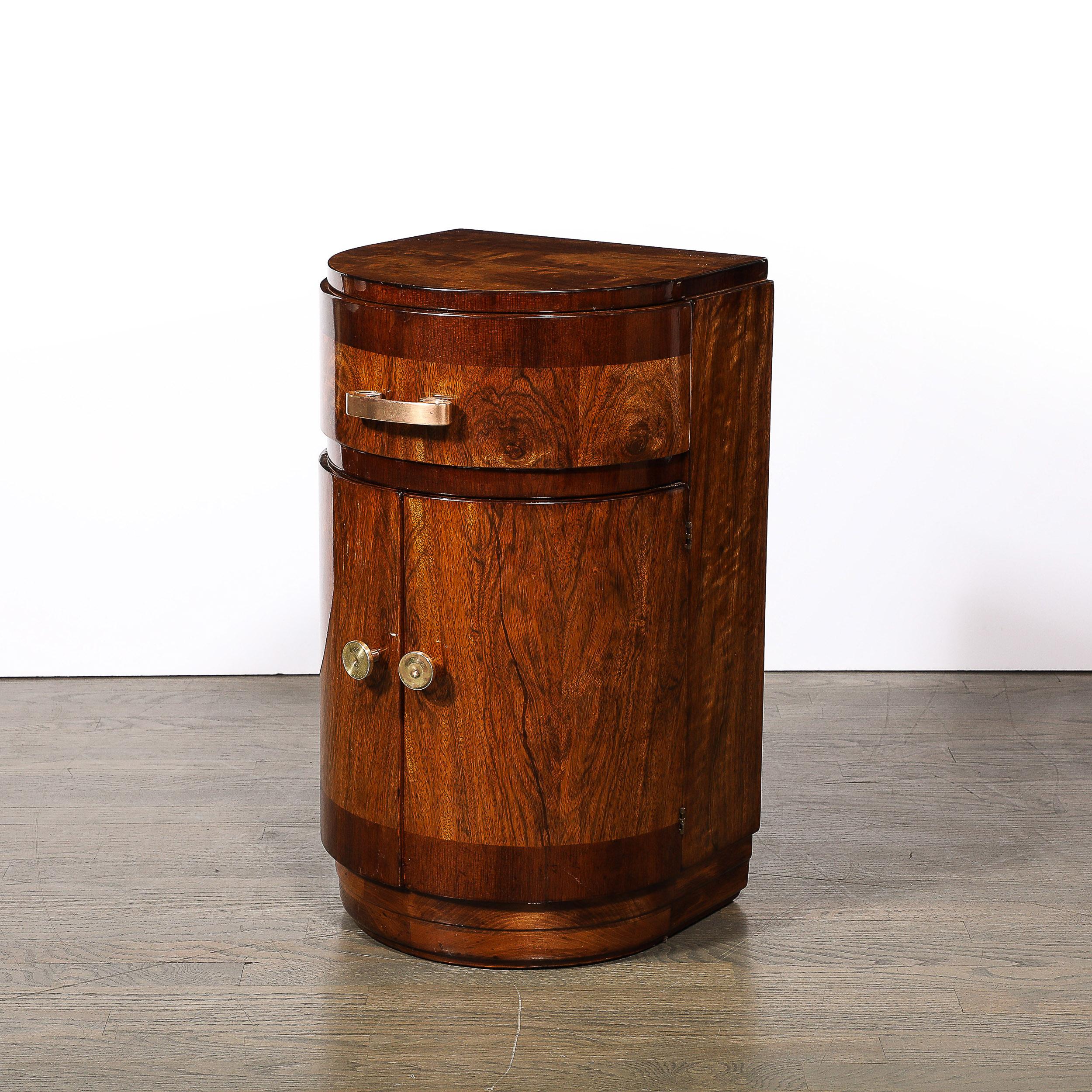 Art Deco Bullet Form End Table  in Book-Matched & Burled Walnut w/ Brass Pulls In Excellent Condition In New York, NY