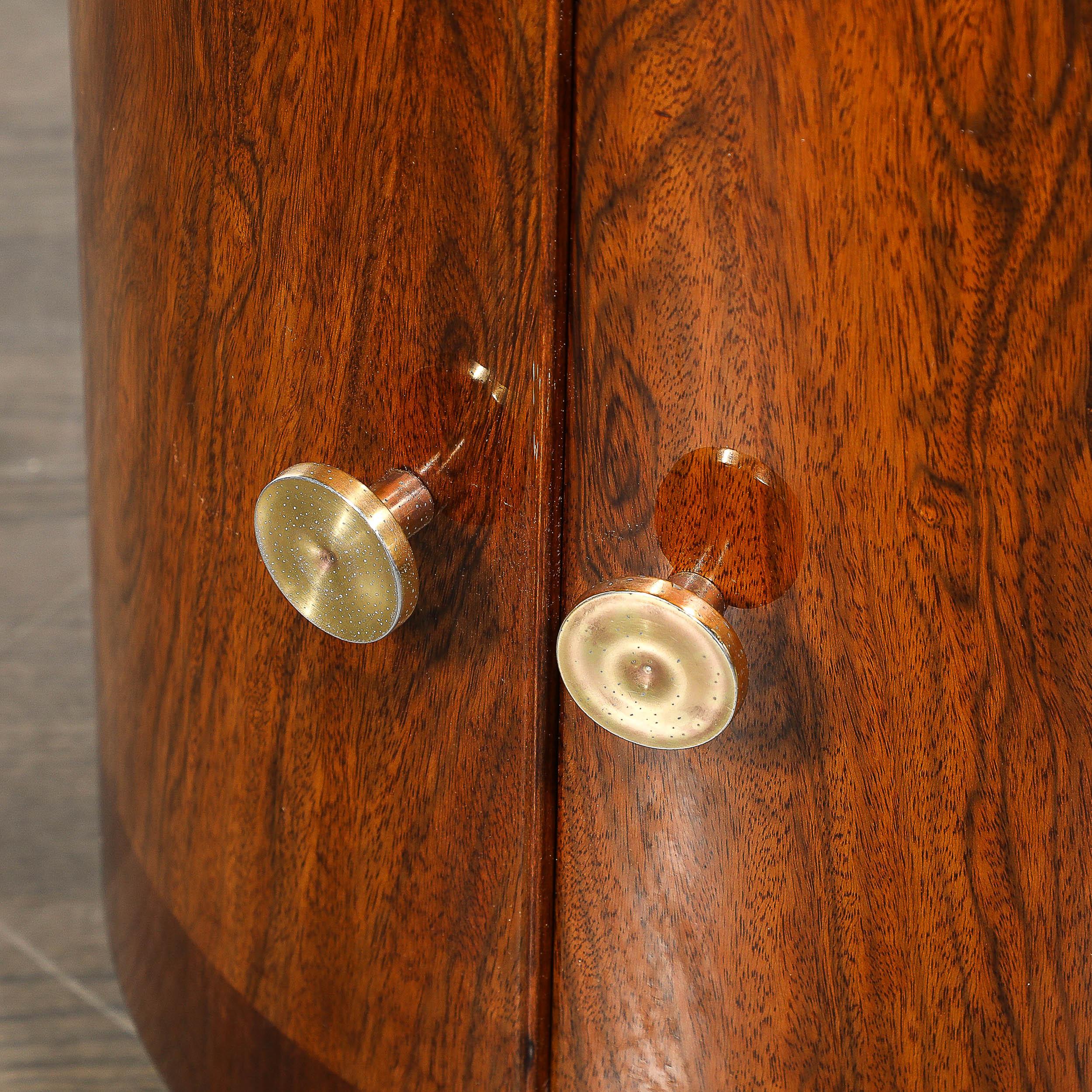 Mid-20th Century Art Deco Bullet Form End Table  in Book-Matched & Burled Walnut w/ Brass Pulls