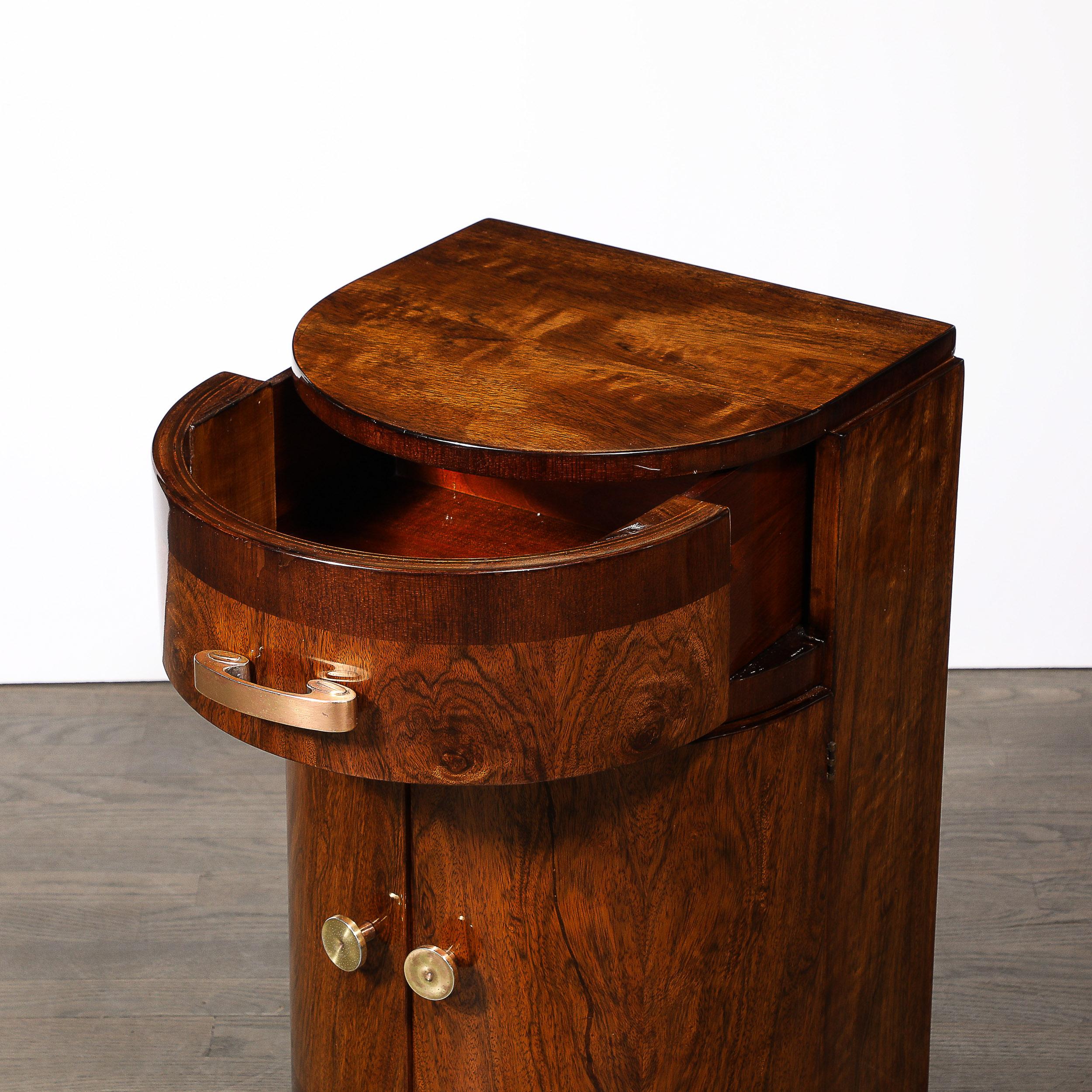 Art Deco Bullet Form End Table  in Book-Matched & Burled Walnut w/ Brass Pulls 1