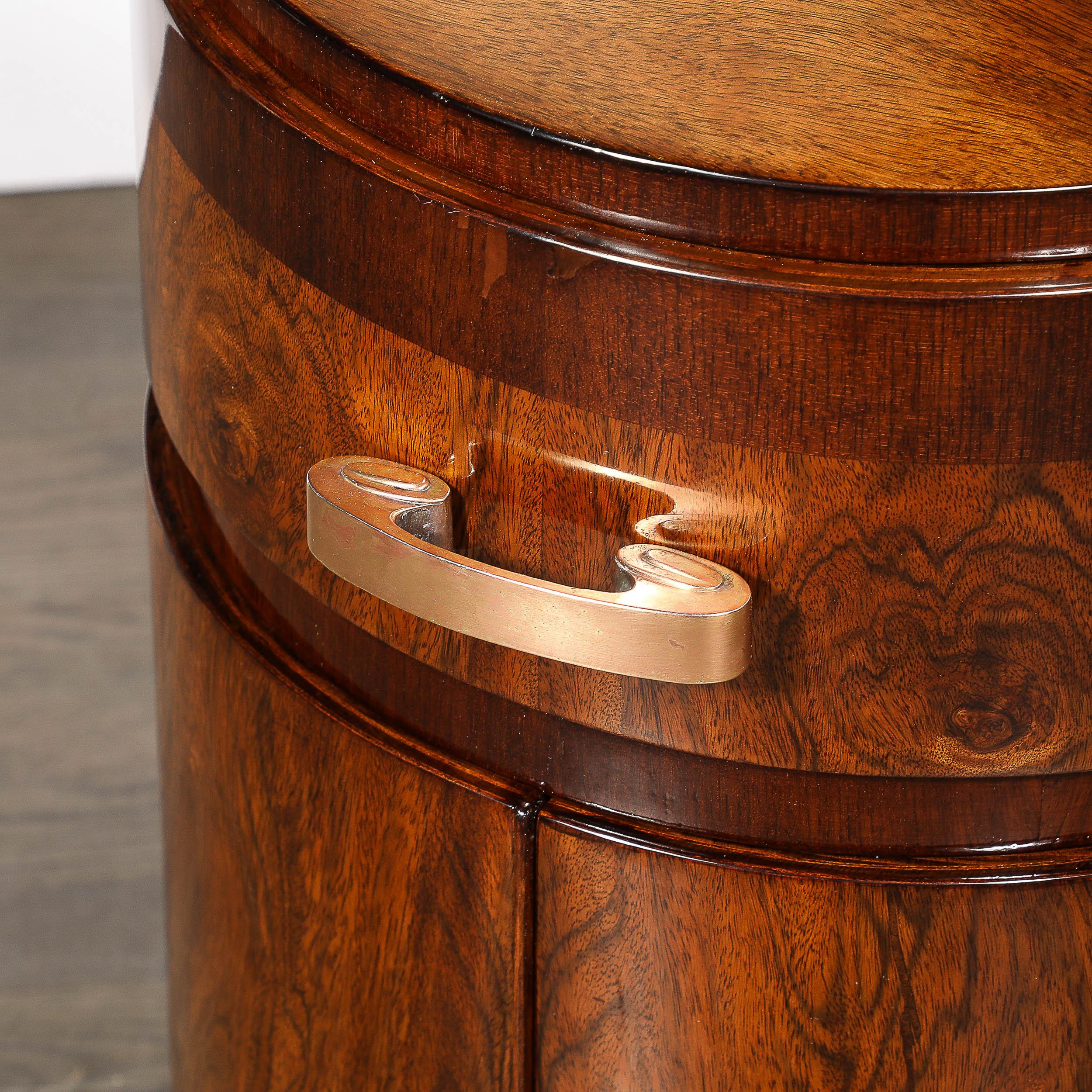 Art Deco Bullet Form End Table  in Book-Matched & Burled Walnut w/ Brass Pulls 2