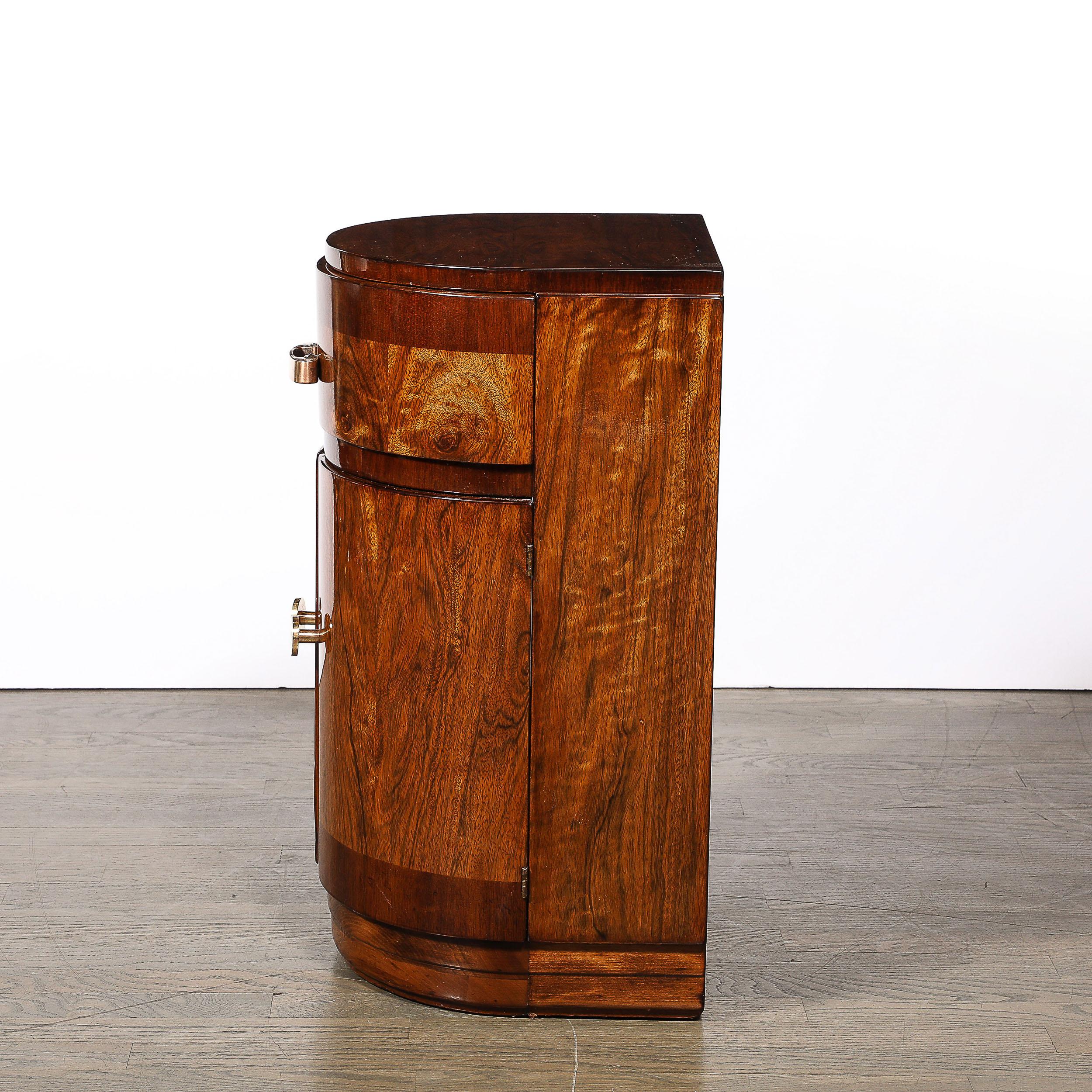 Art Deco Bullet Form End Table  in Book-Matched & Burled Walnut w/ Brass Pulls 3