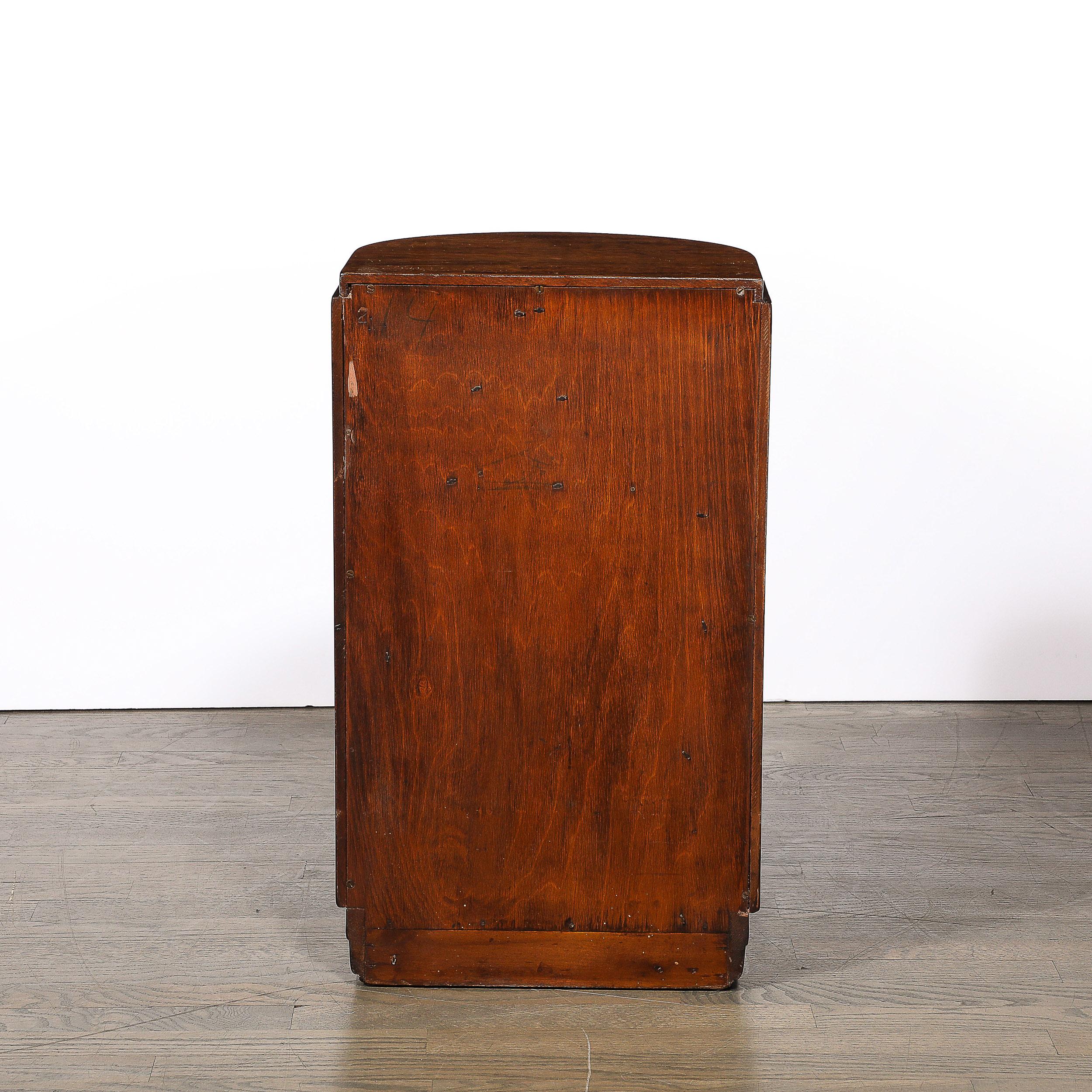 Art Deco Bullet Form End Table  in Book-Matched & Burled Walnut w/ Brass Pulls 4