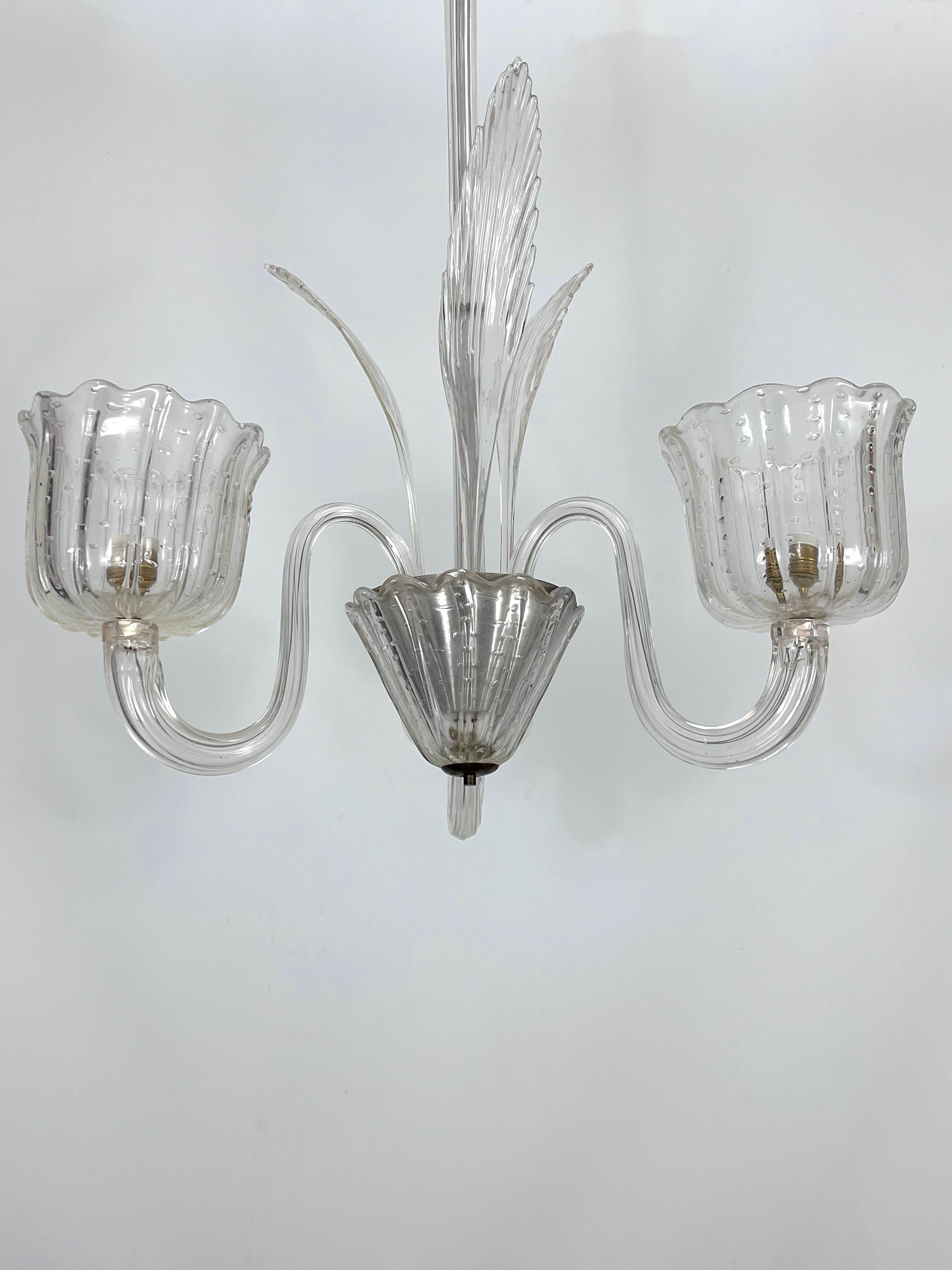 Art Deco, Bullicante Murano Glass Chandelier by Ercole Barovier, Italy, 1940s For Sale 6