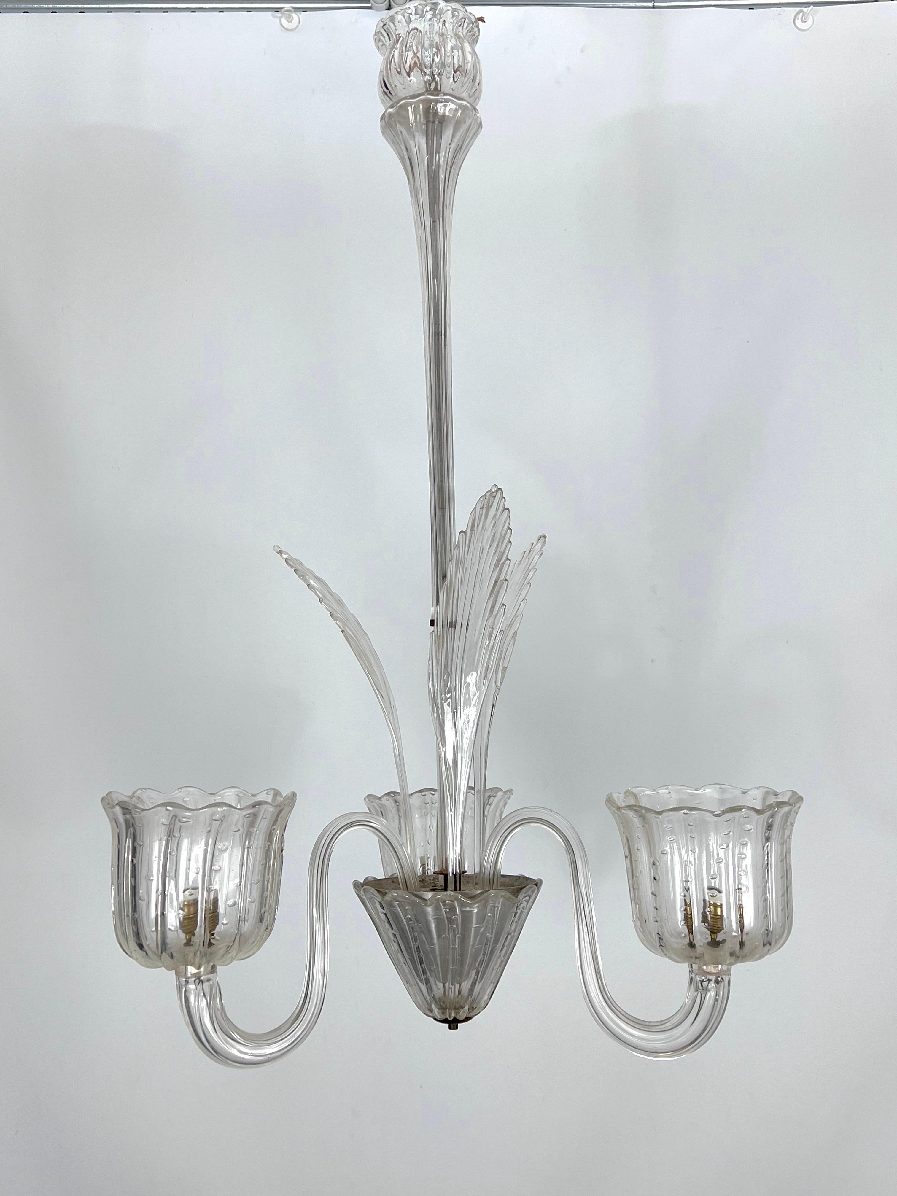 Art Deco, Bullicante Murano Glass Chandelier by Ercole Barovier, Italy, 1940s For Sale 4