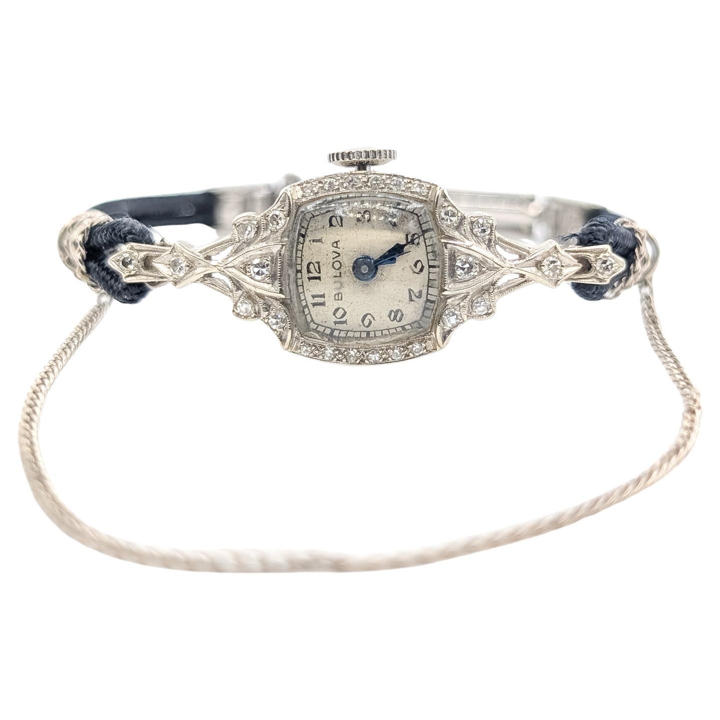 Art Deco Bulova Diamond Ladies Watch in 14k White Gold