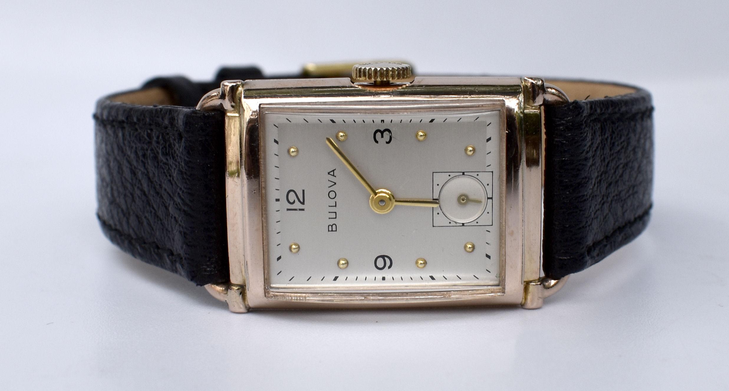 Art Deco Bulova Gents Wristwatch, 14k Rose Gold Filled, c1946, Fully Serviced In Good Condition In Westward ho, GB