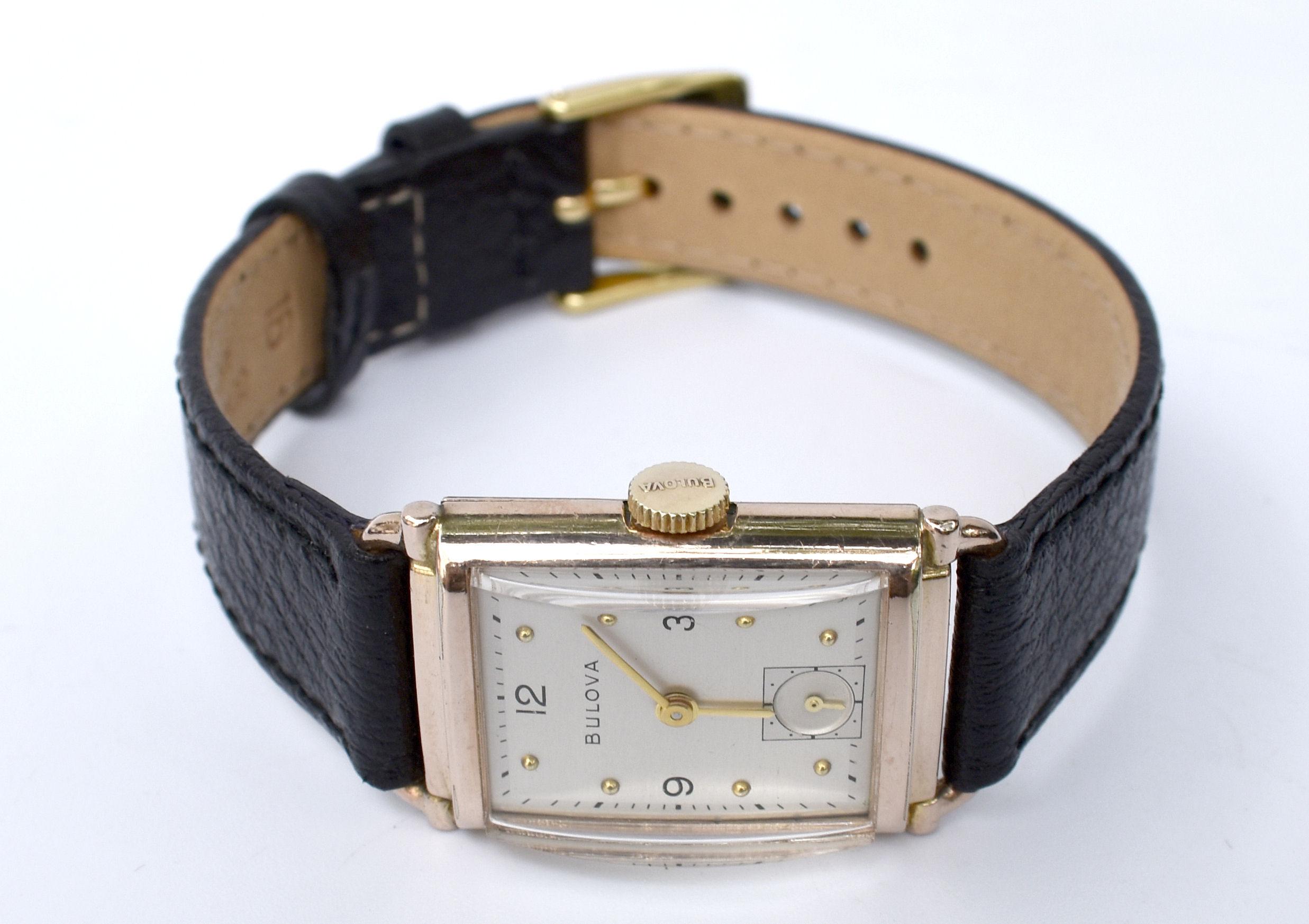 Men's Art Deco Bulova Gents Wristwatch, 14k Rose Gold Filled, c1946, Fully Serviced