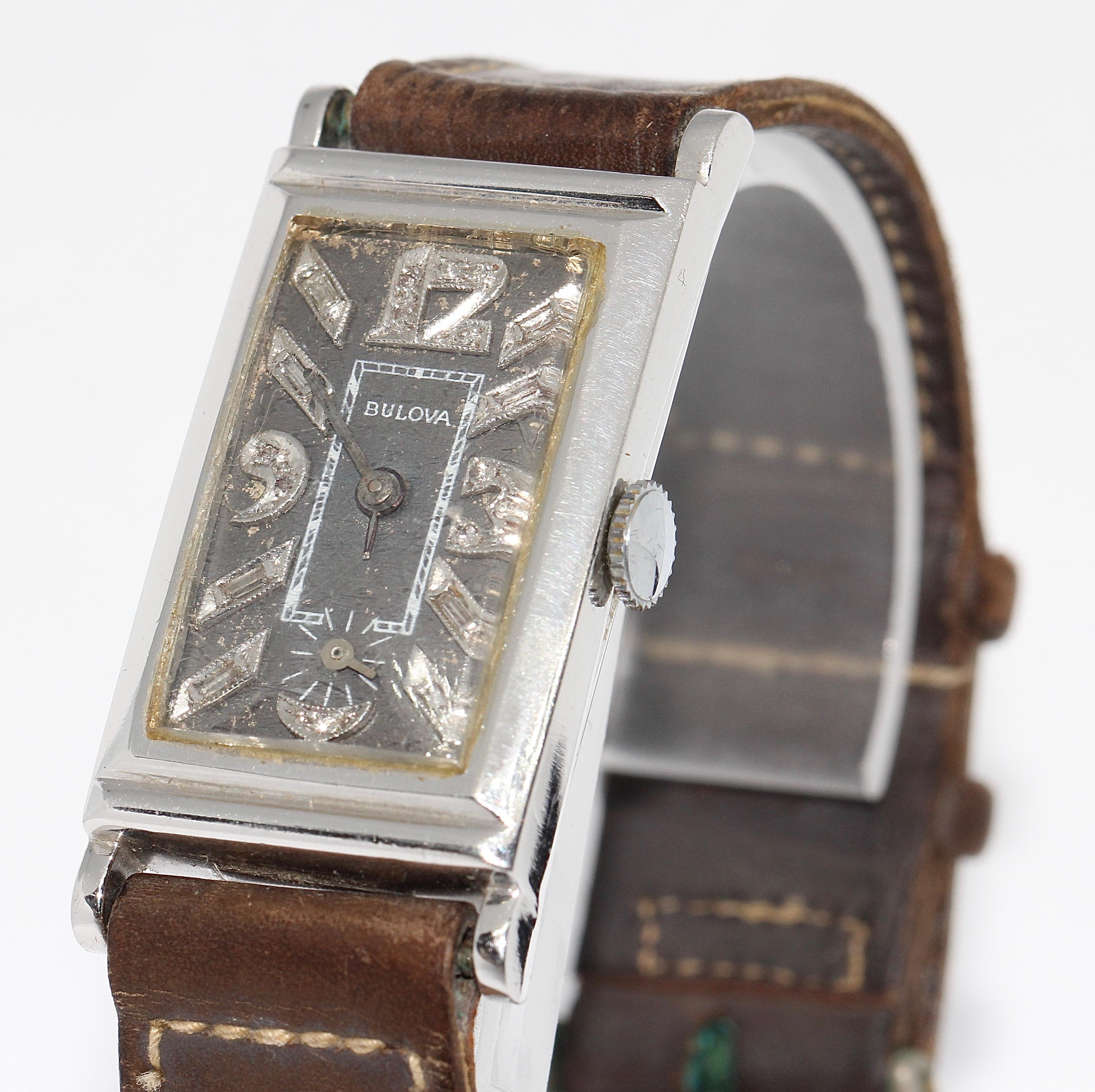 Art Deco Bulova Platinum Doctors Wrist Watch with Diamond dial.

The watch comes with a certificate of authenticity.